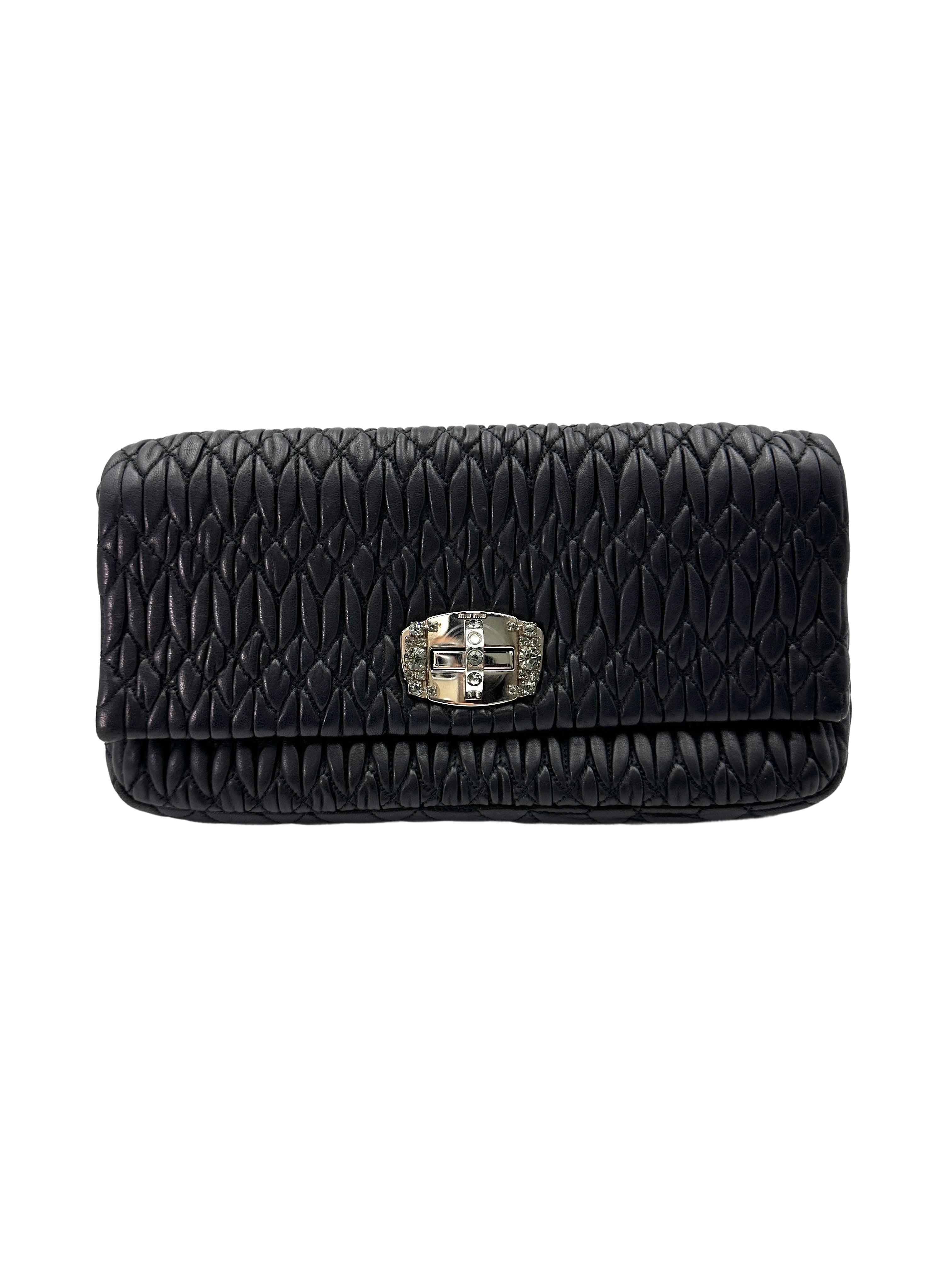 Miu Miu Black Nappa Leather Crystal Cloquet Shoulder Bag MM33