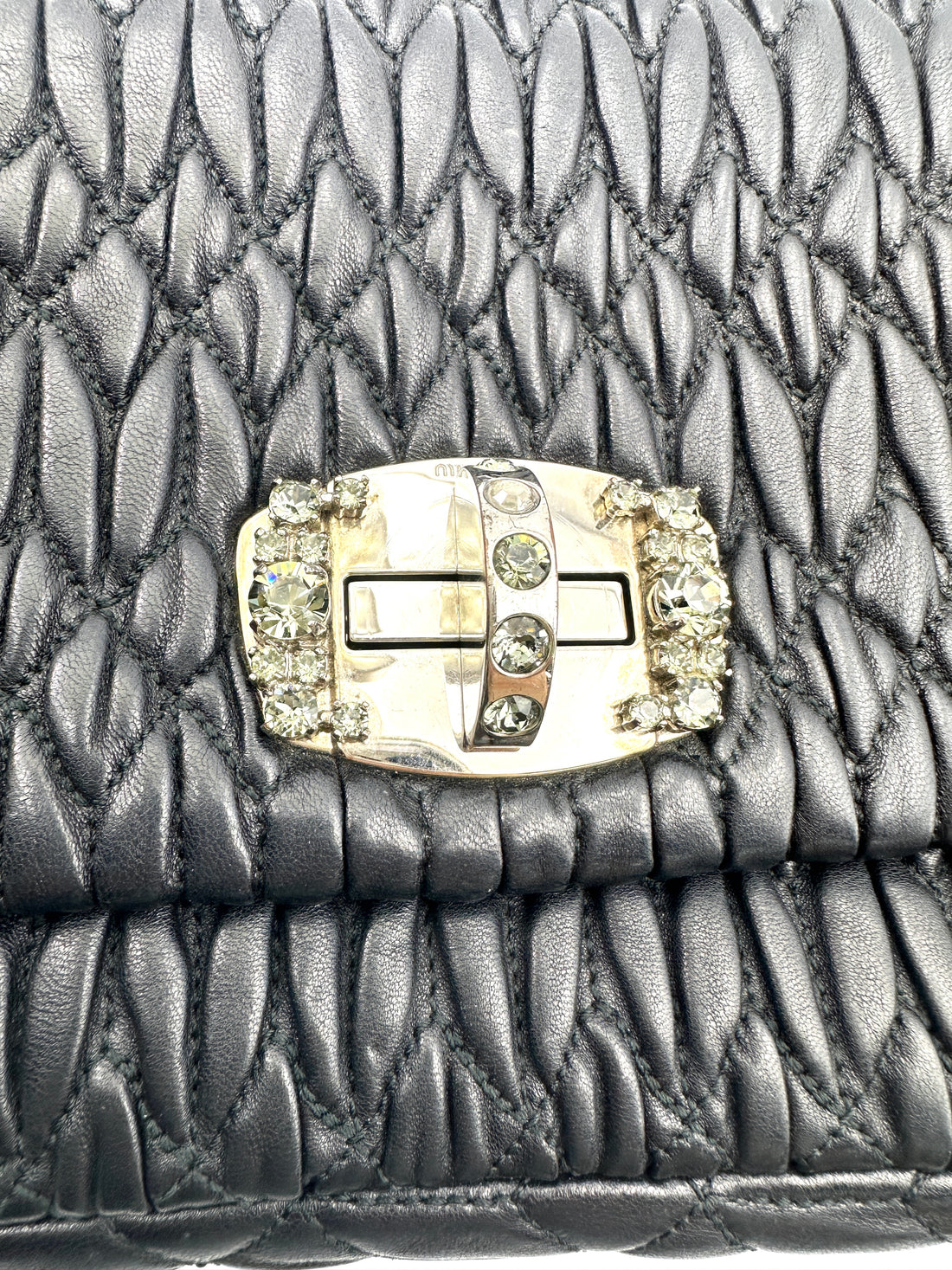 Miu Miu Black Nappa Leather Crystal Cloquet Shoulder Bag MM33
