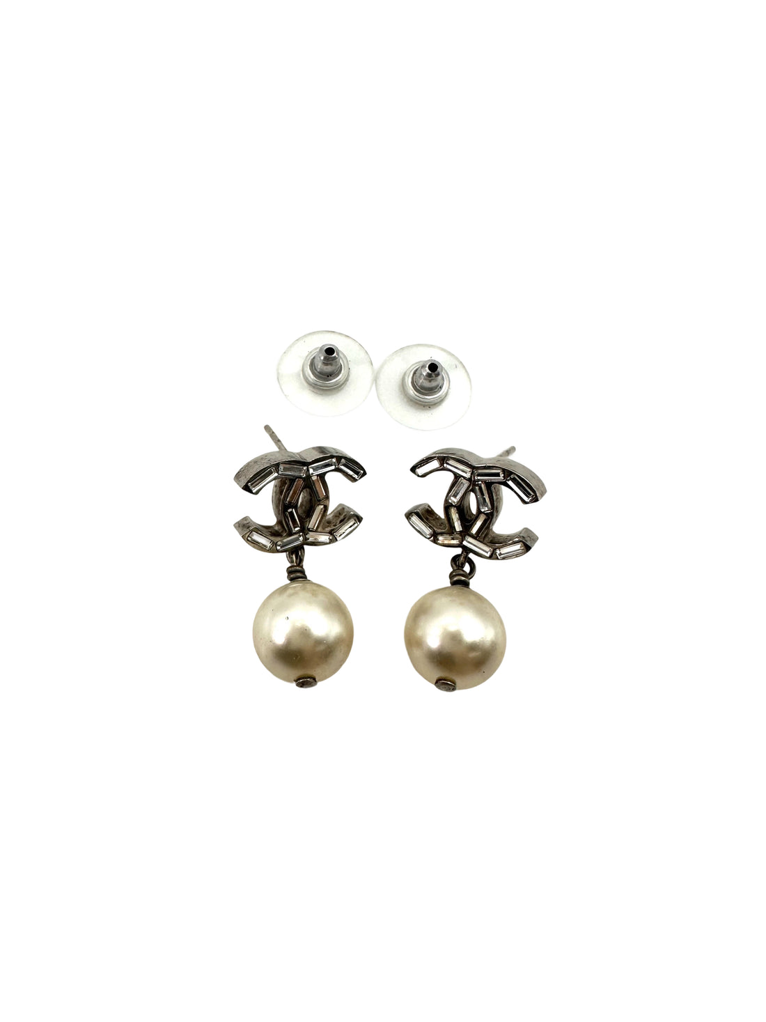 Chanel 14B Silver CC Logo Pearl Drop Pierced Earrings CC1857