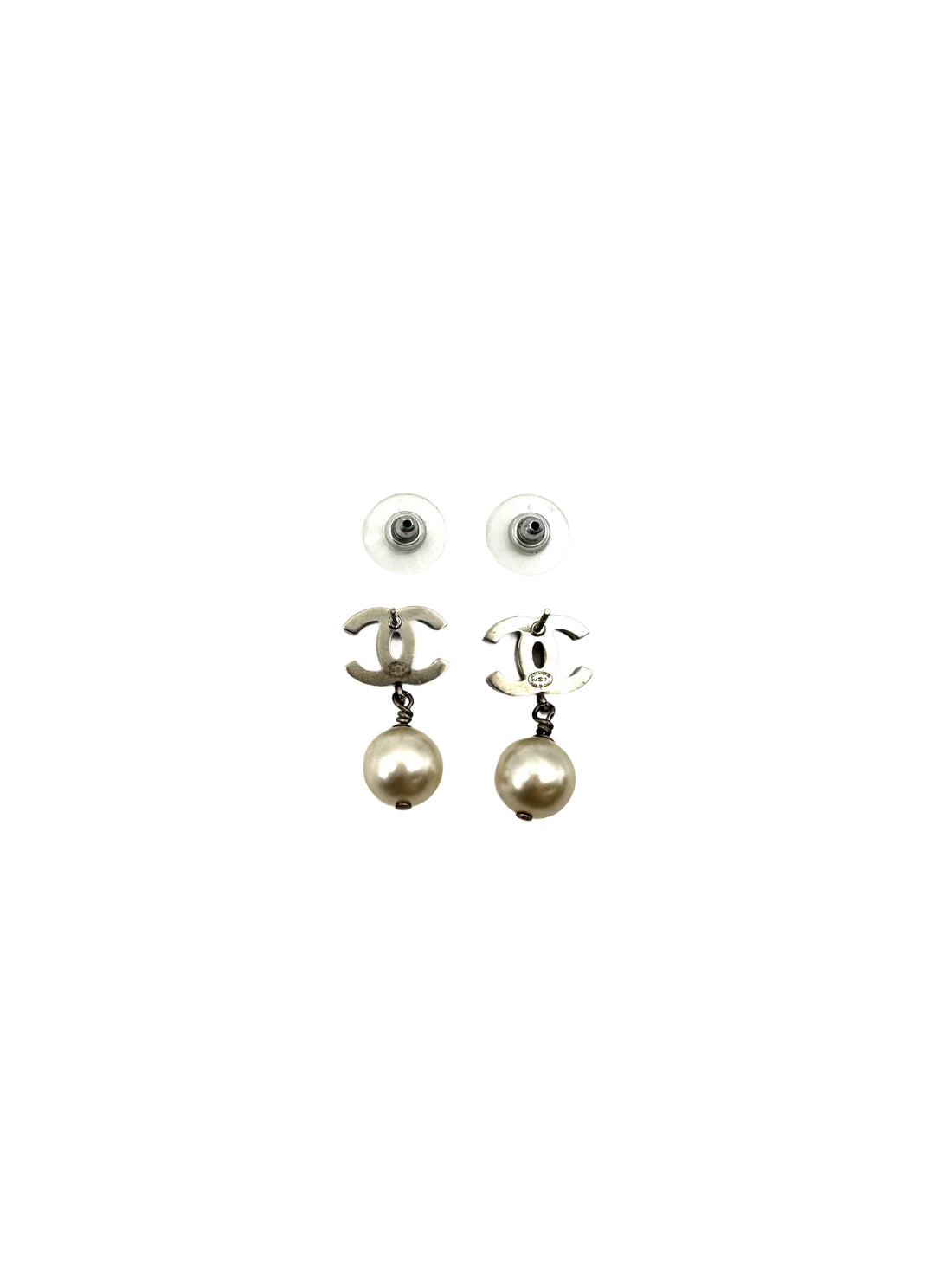 Chanel 14B Silver CC Logo Pearl Drop Pierced Earrings CC1857