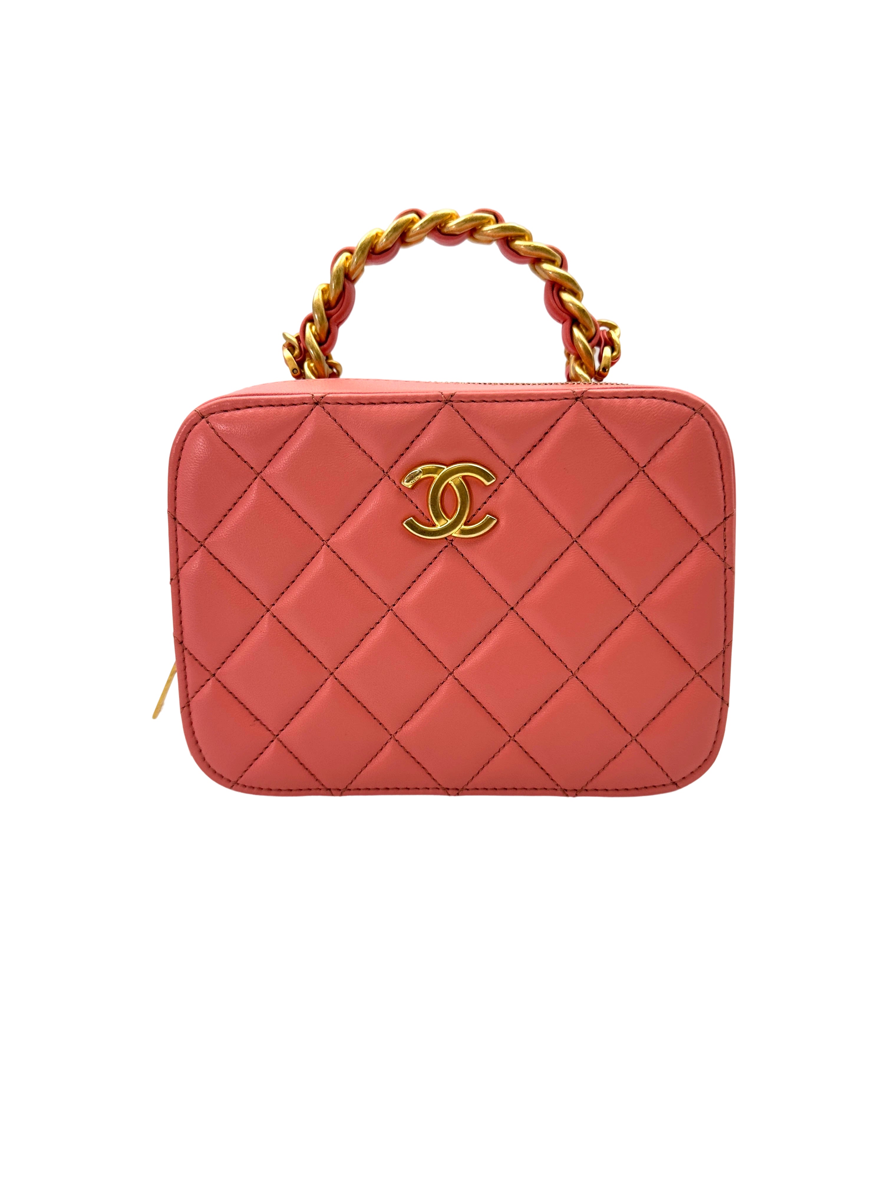 Chanel Pink Quilted Leather Top Handle Vanity Case With Gold Hardware(NJ***80) IRIS201