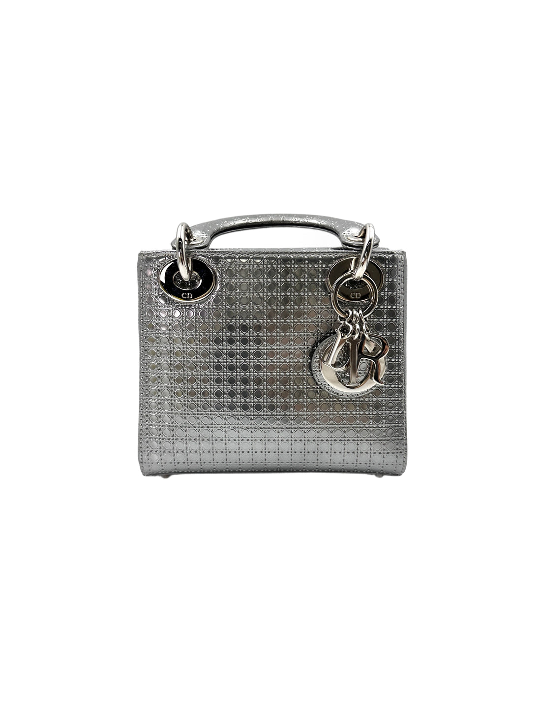 Christian Dior Lady Dior Metallic Silver Micro Cannage Leather Handle Bag With Silver Buckle DR714
