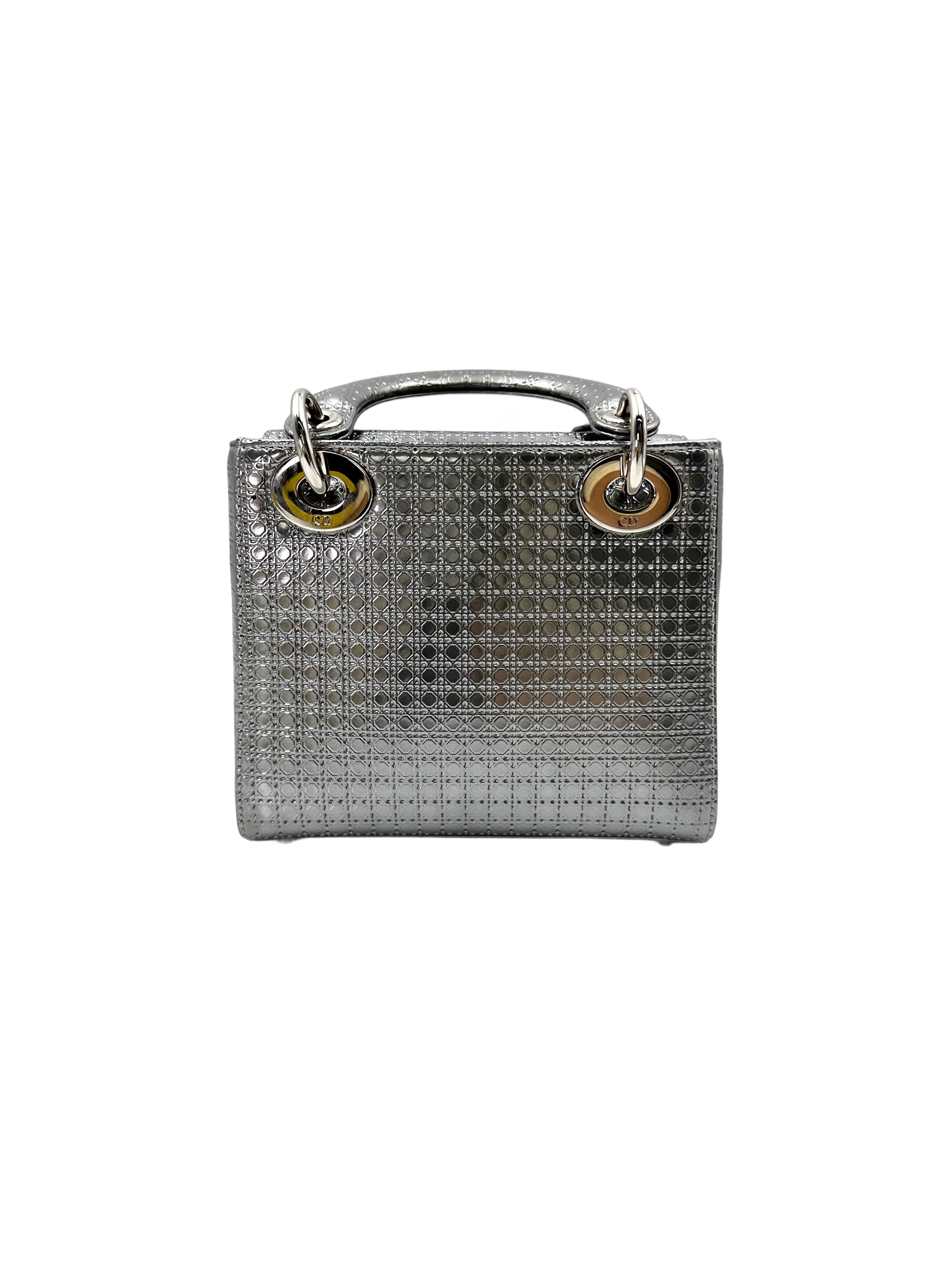 Christian Dior Lady Dior Metallic Silver Micro Cannage Leather Handle Bag With Silver Buckle DR714