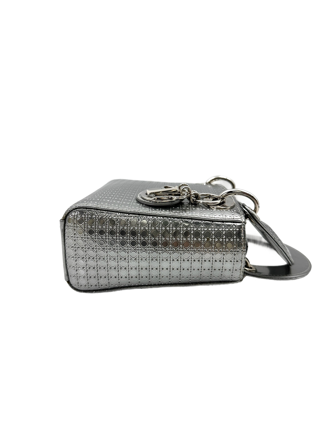 Christian Dior Lady Dior Metallic Silver Micro Cannage Leather Handle Bag With Silver Buckle DR714