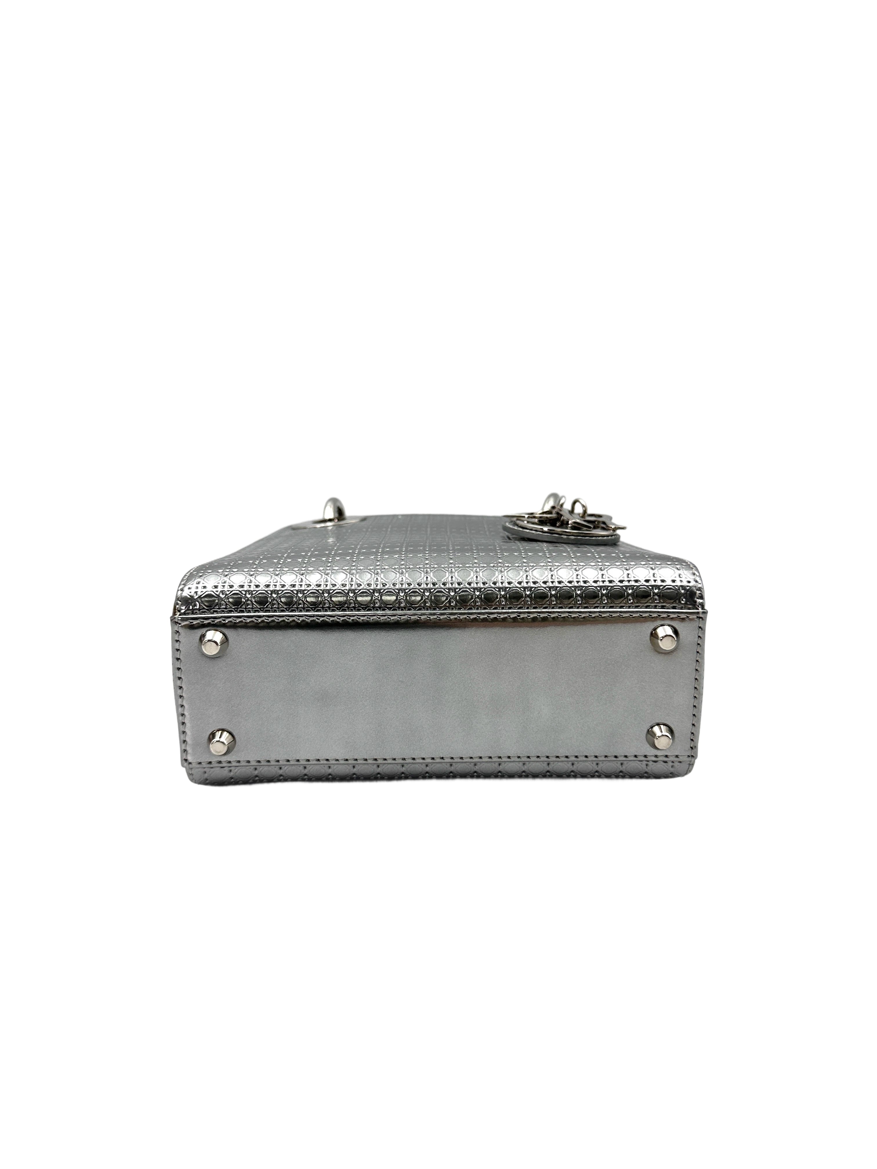 Christian Dior Lady Dior Metallic Silver Micro Cannage Leather Handle Bag With Silver Buckle DR714