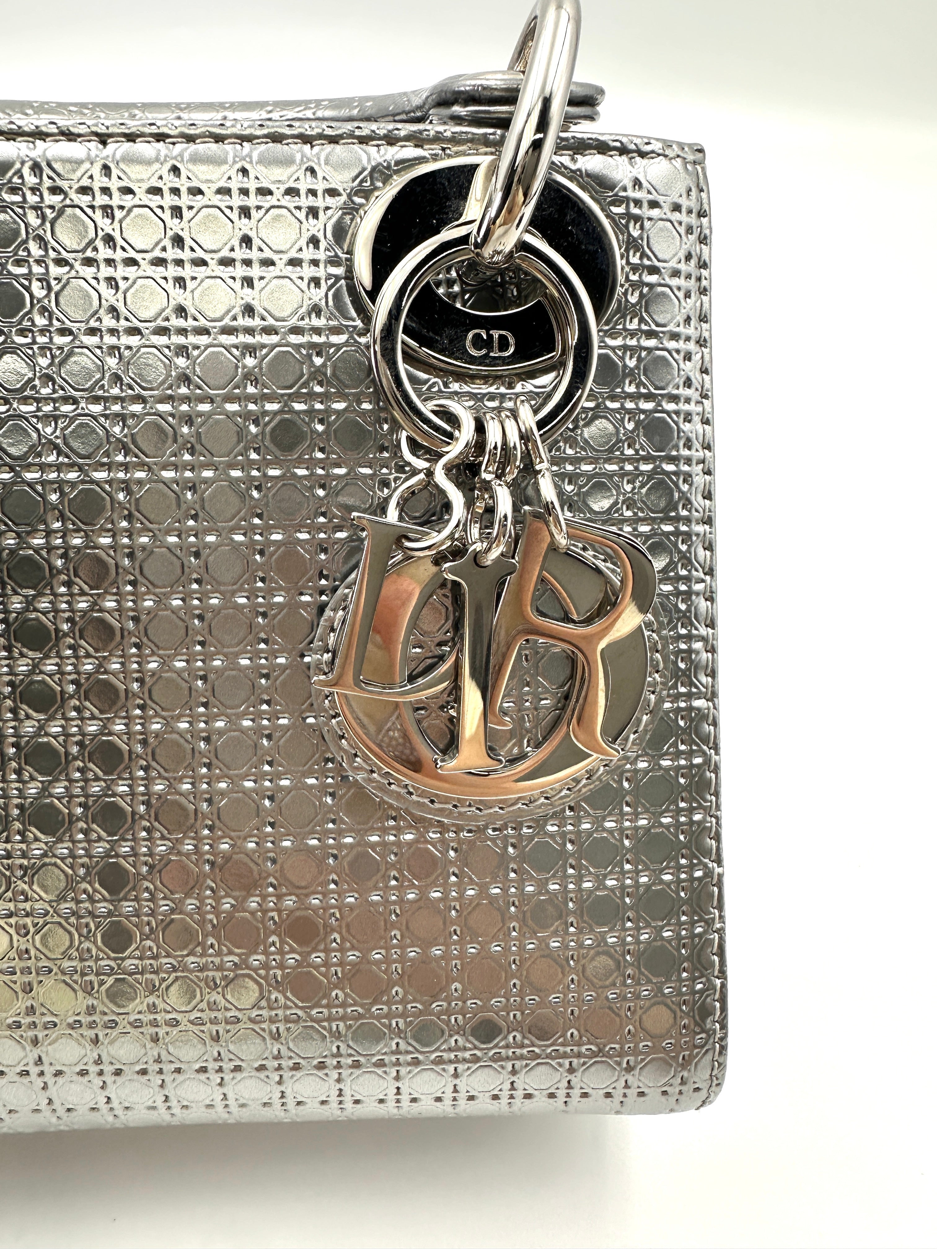 Christian Dior Lady Dior Metallic Silver Micro Cannage Leather Handle Bag With Silver Buckle DR714