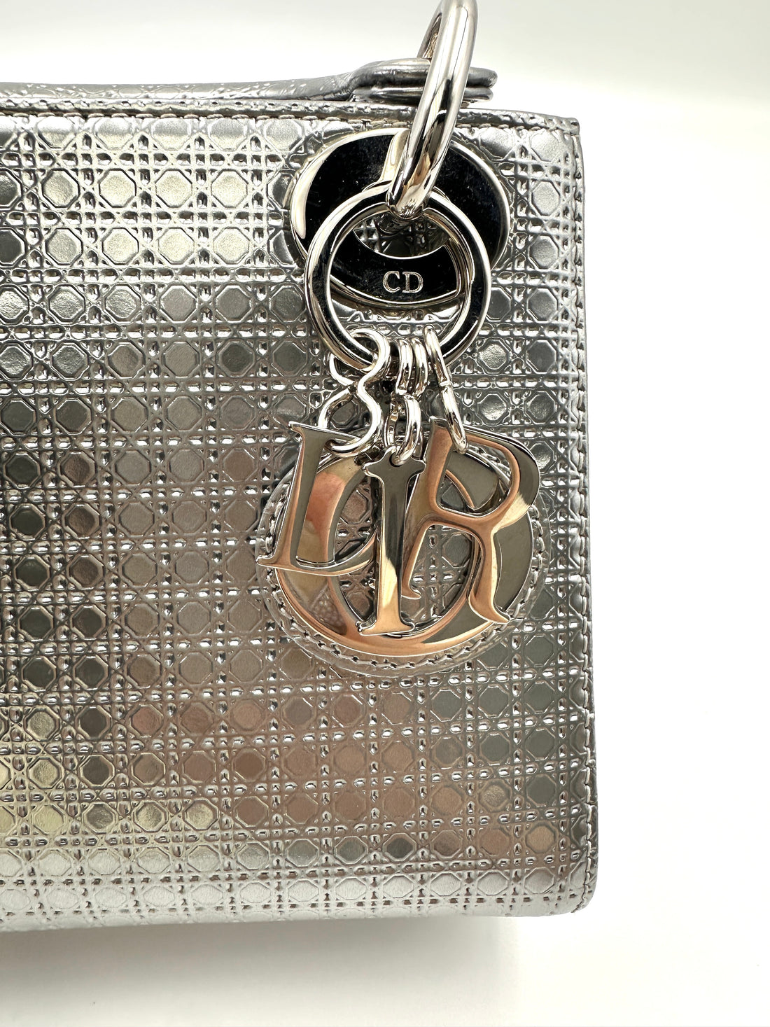 Christian Dior Lady Dior Metallic Silver Micro Cannage Leather Handle Bag With Silver Buckle DR714