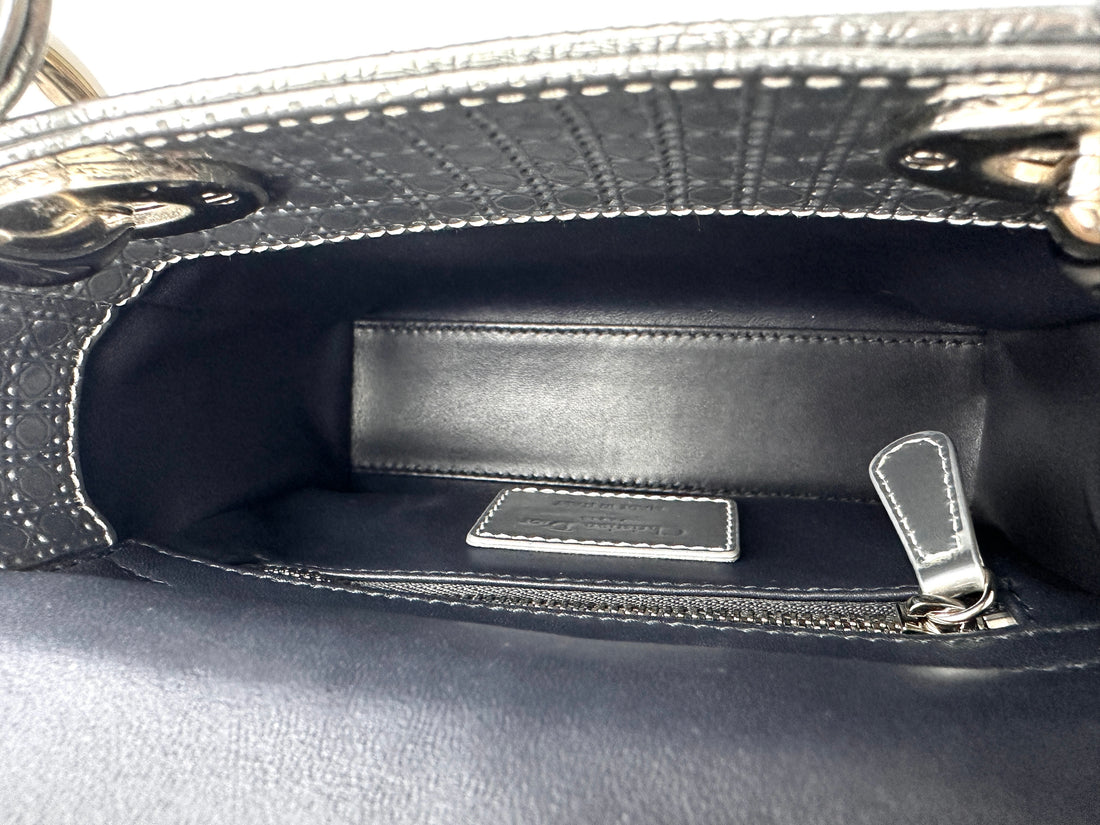 Christian Dior Lady Dior Metallic Silver Micro Cannage Leather Handle Bag With Silver Buckle DR714