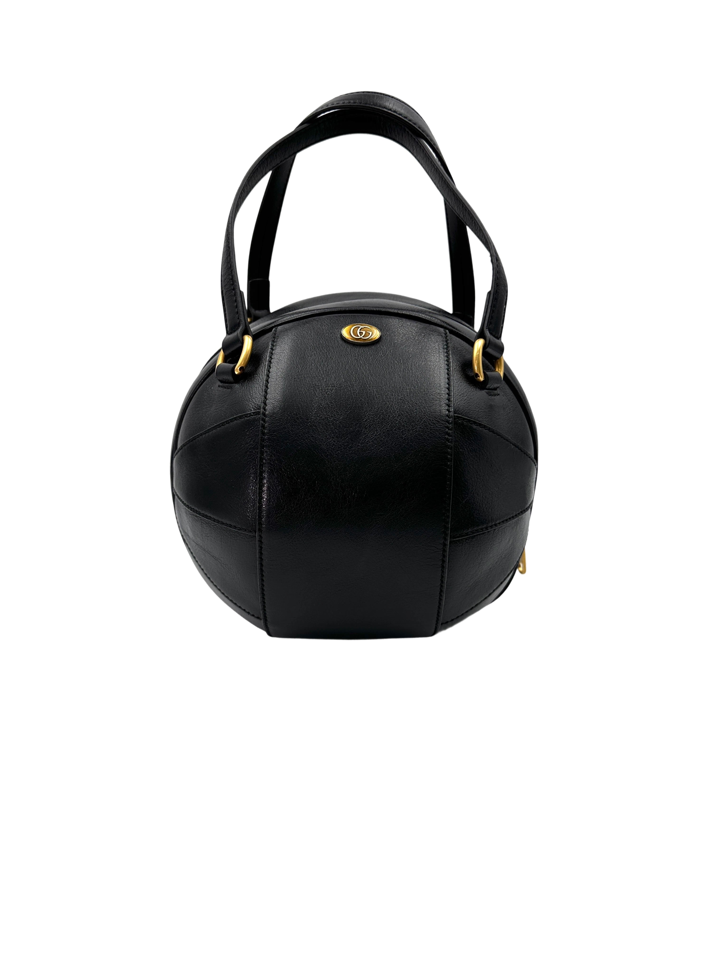 Gucci Tifosa Black Leather Basketball Shape Tote Handle Bag GG897