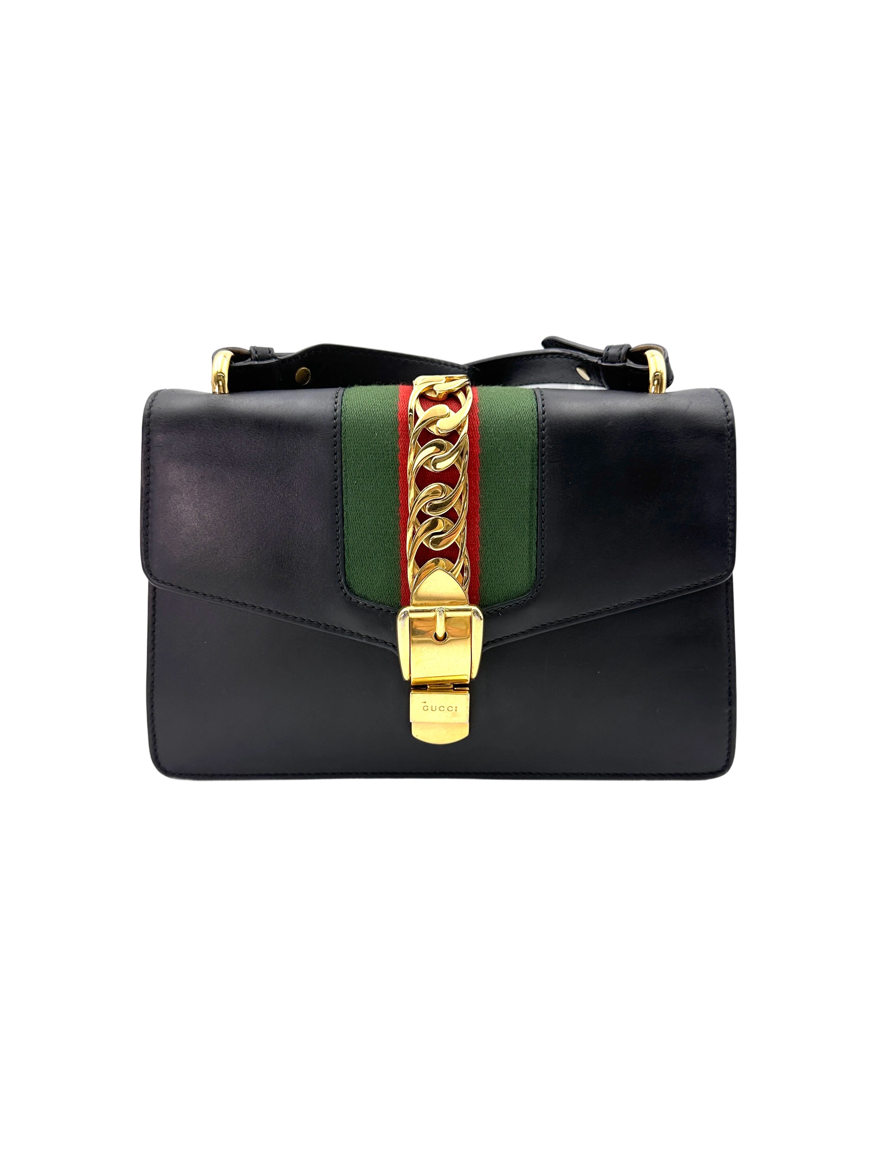 Gucci Sylvie Black Leather Medium Size Shoulder Bag GG901