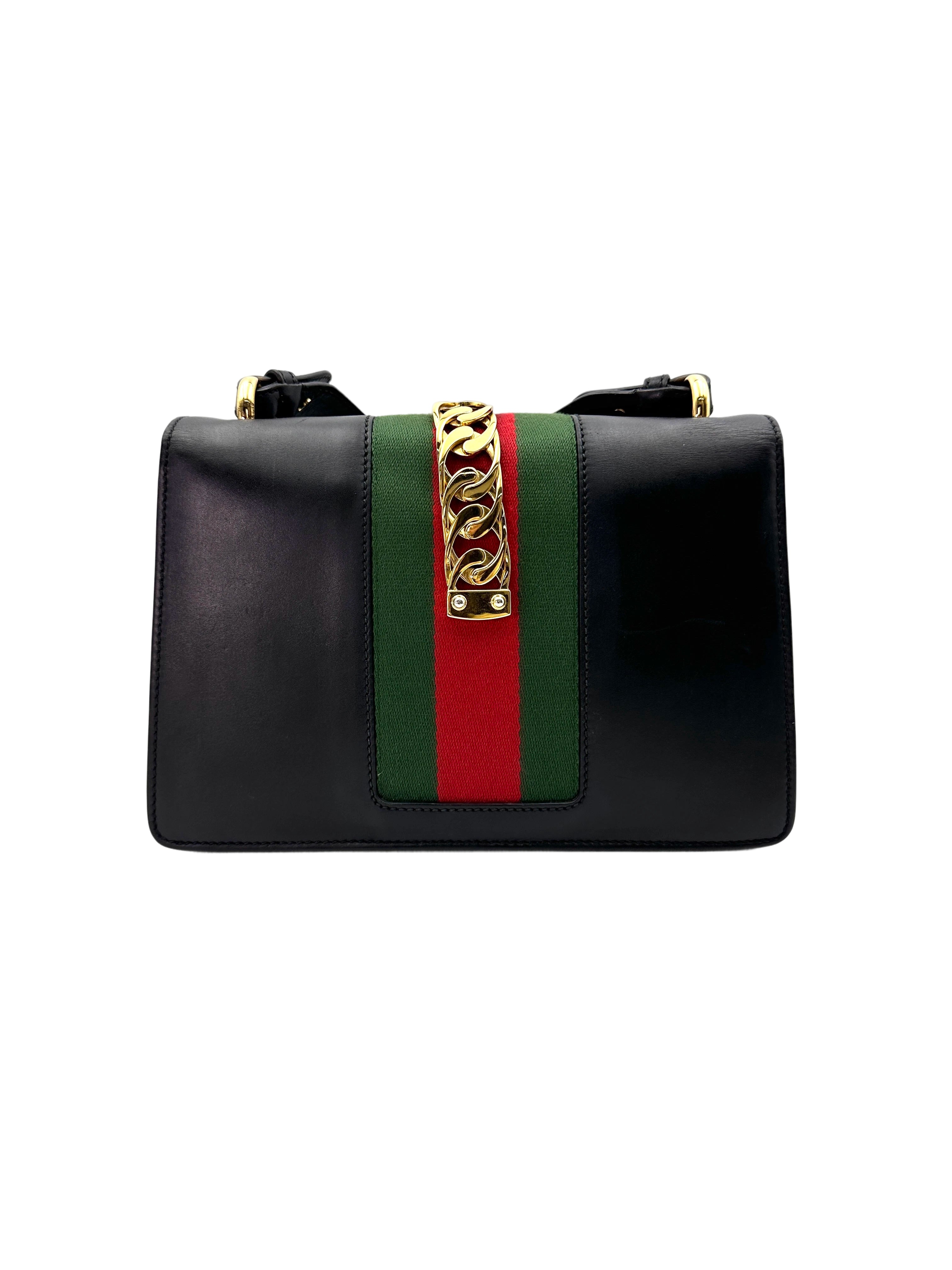 Gucci Sylvie Black Leather Medium Size Shoulder Bag GG901