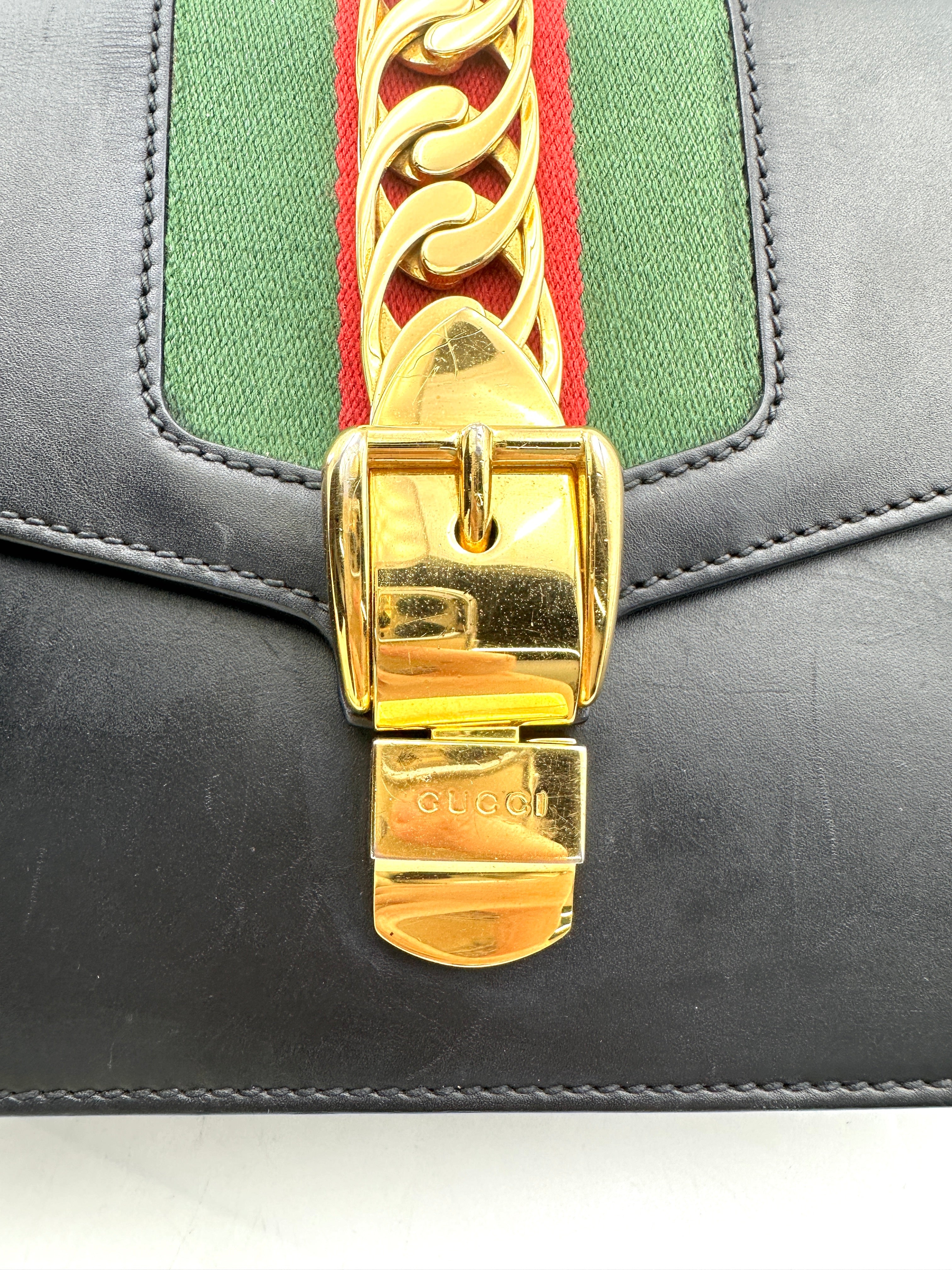 Gucci Sylvie Black Leather Medium Size Shoulder Bag GG901