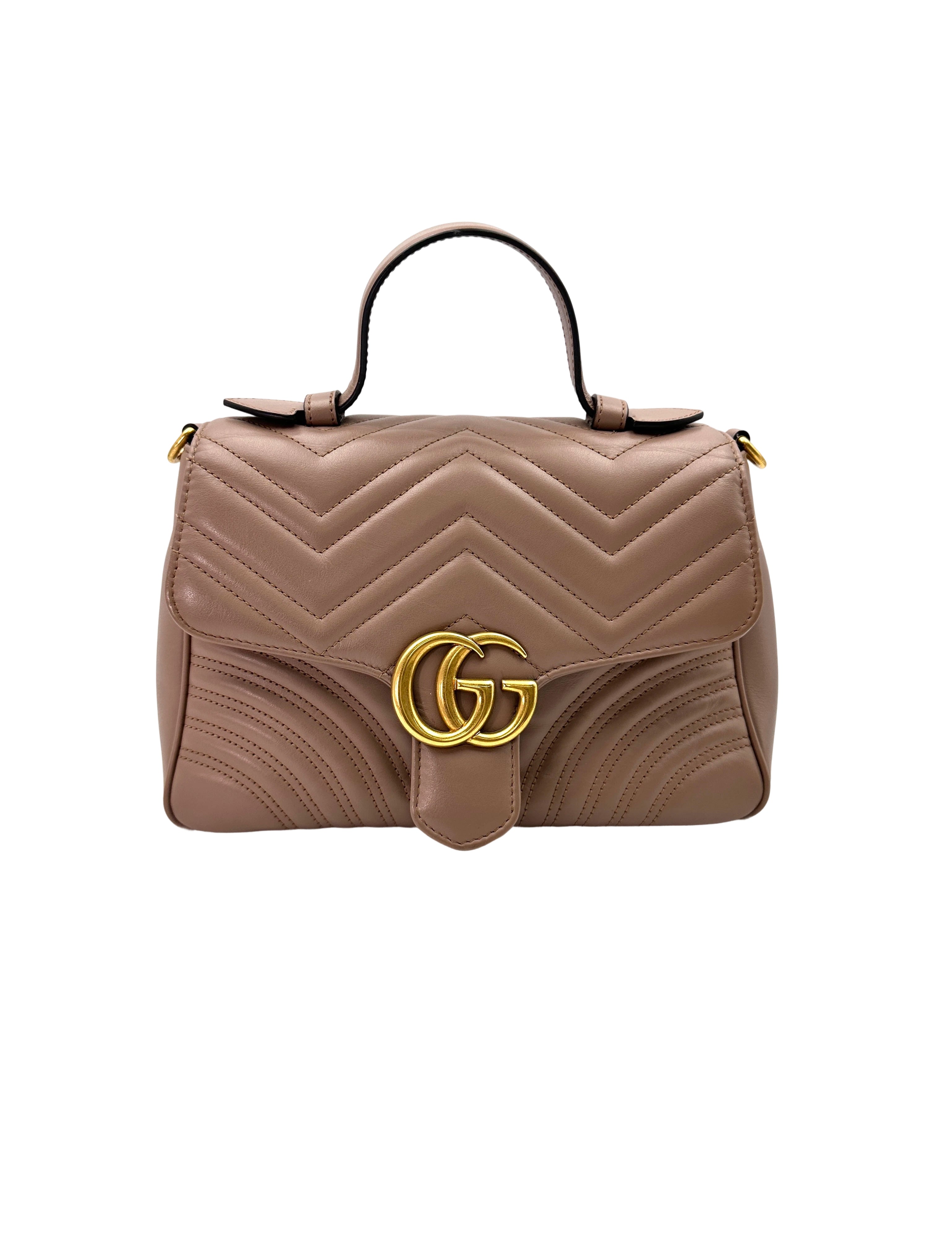 Gucci GG Marmont Beige Chevron Quilted Leather Medium Size Top Handle Bag GG902