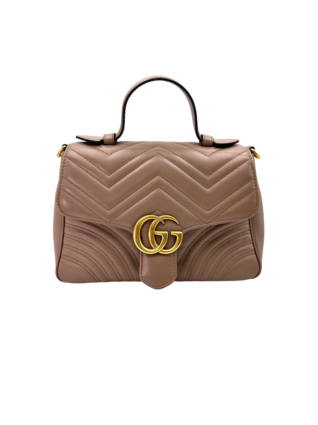Gucci GG Marmont Beige Chevron Quilted Leather Medium Size Top Handle Bag GG902