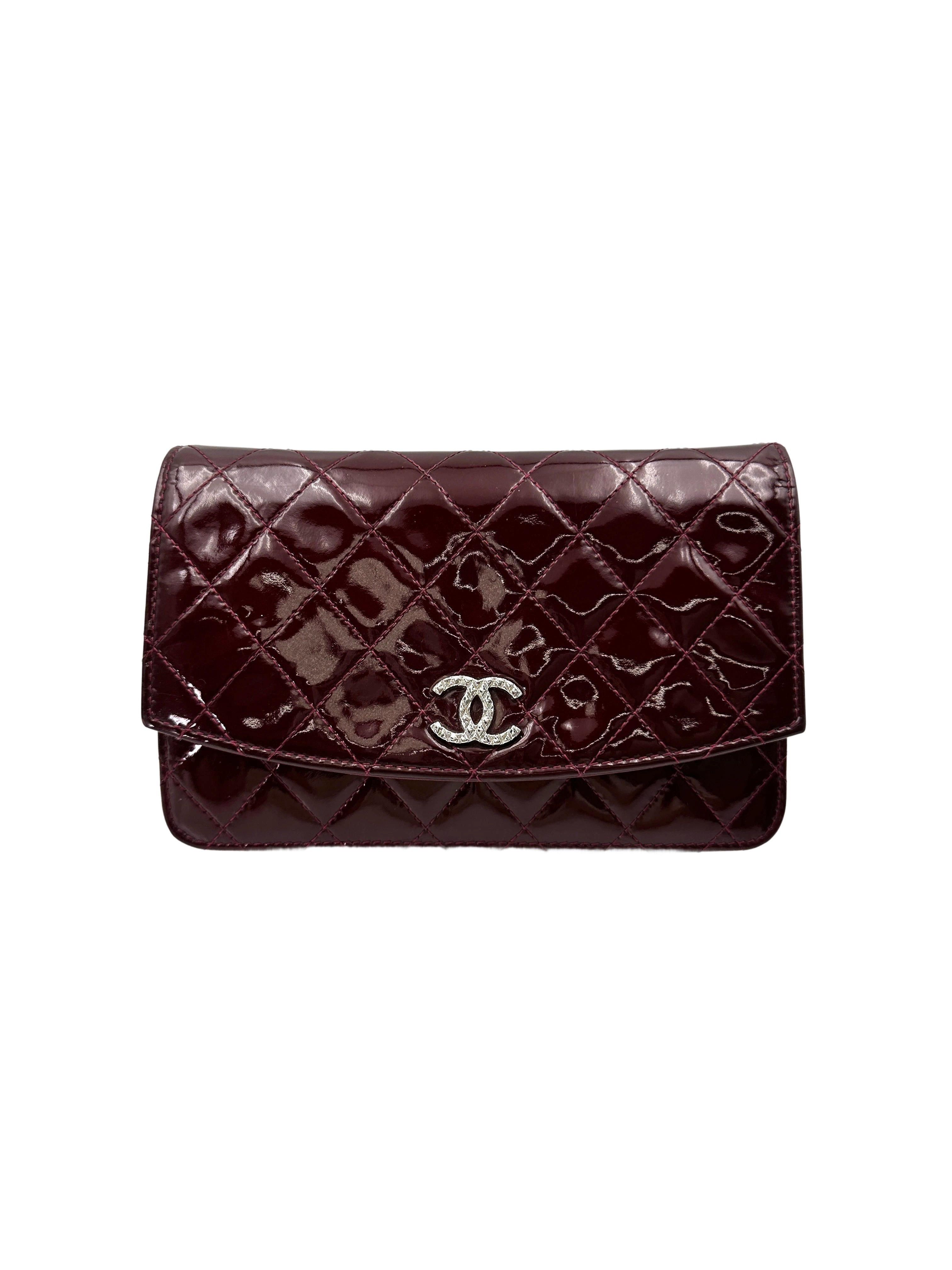 Chanel Burgundy Quilted Patent Leather Wallet On Chain With Crystal Buckle(18***29) CC1869