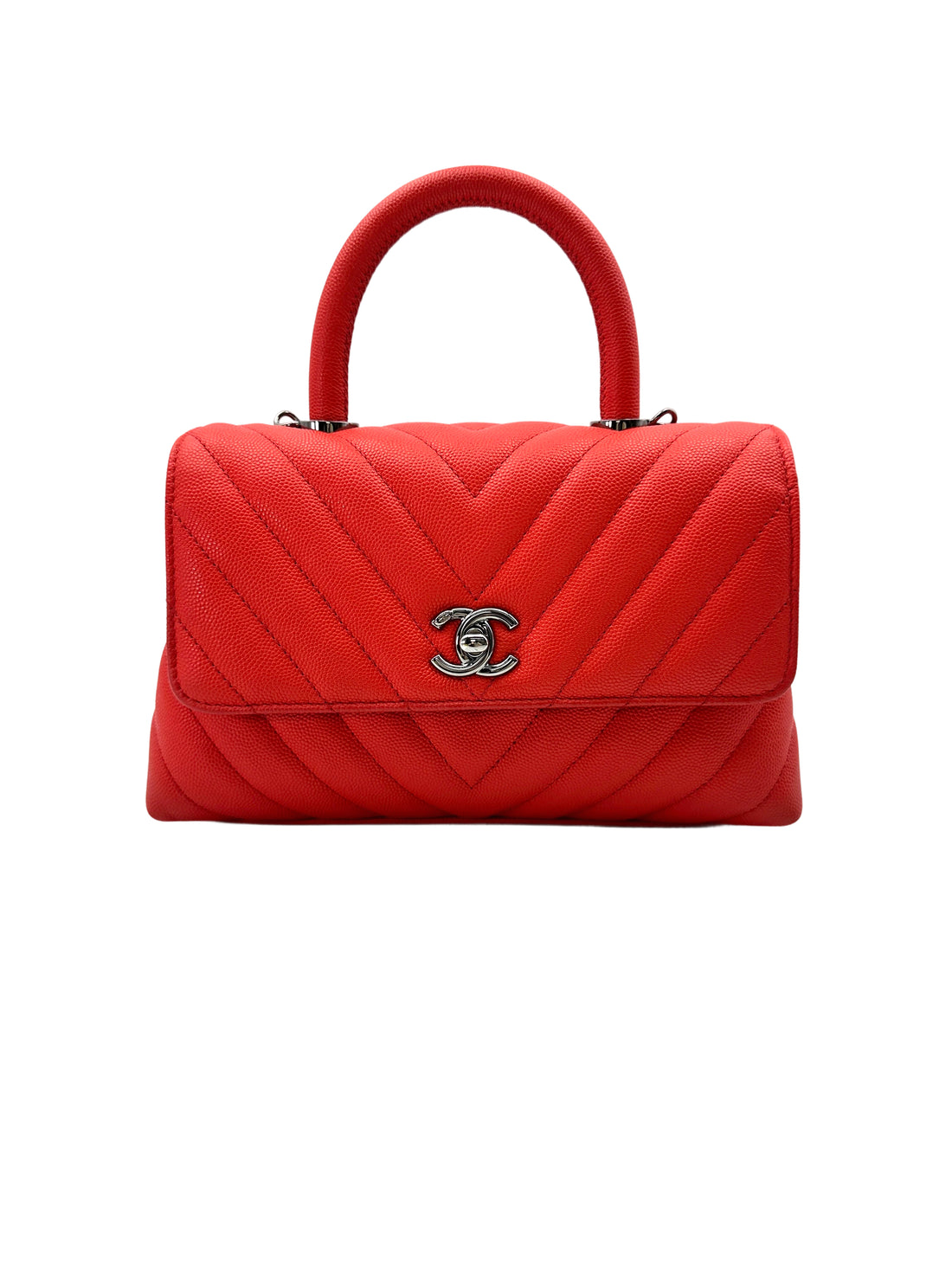 Chanel CoCo Handle Red Chevron Quilted Leather Handle Bag With Silver Buckle(28***40) IRIS203