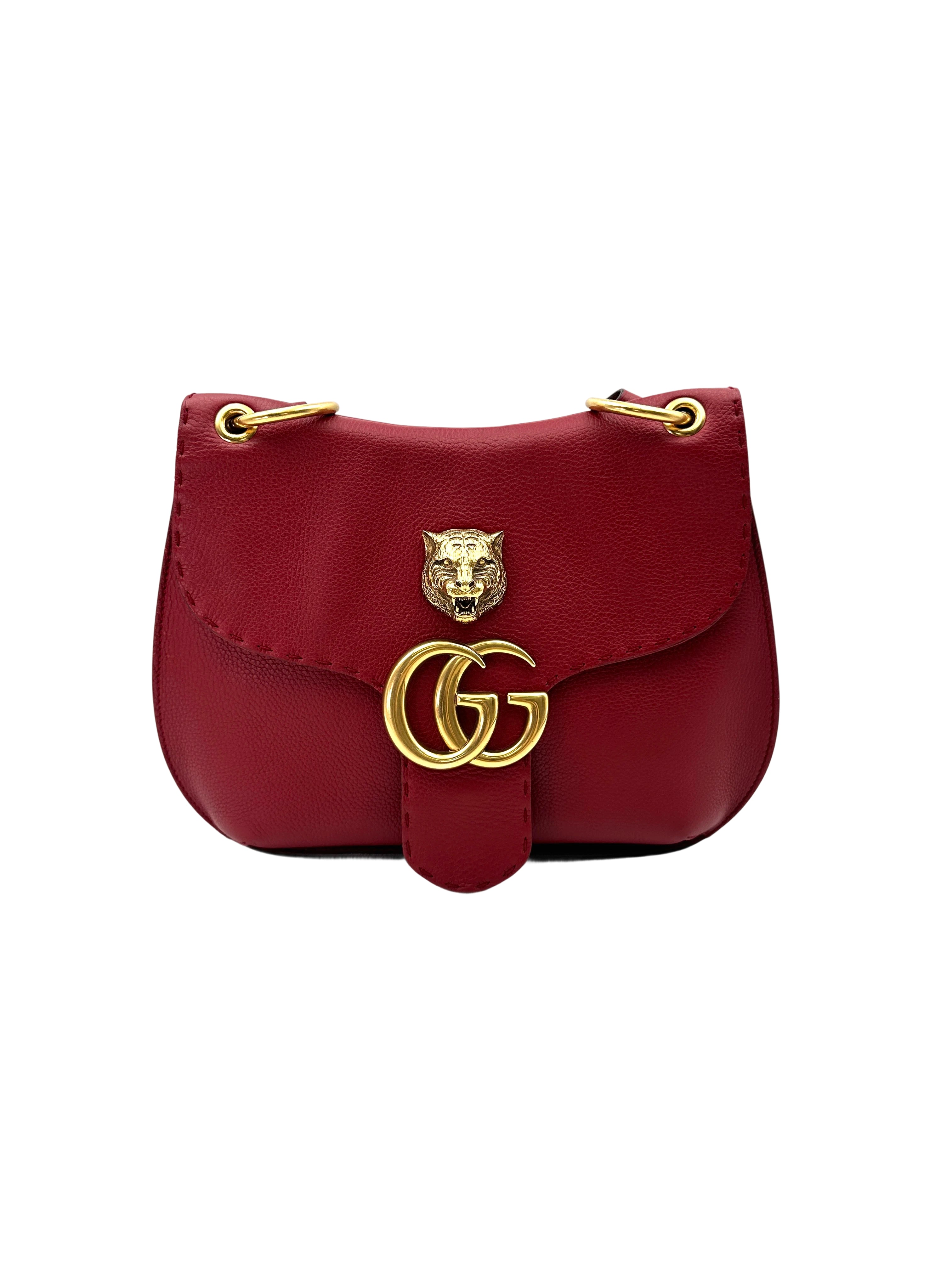 Gucci GG Marmont Animalier Tiger Handle Red Leather Shoulder Bag GG903