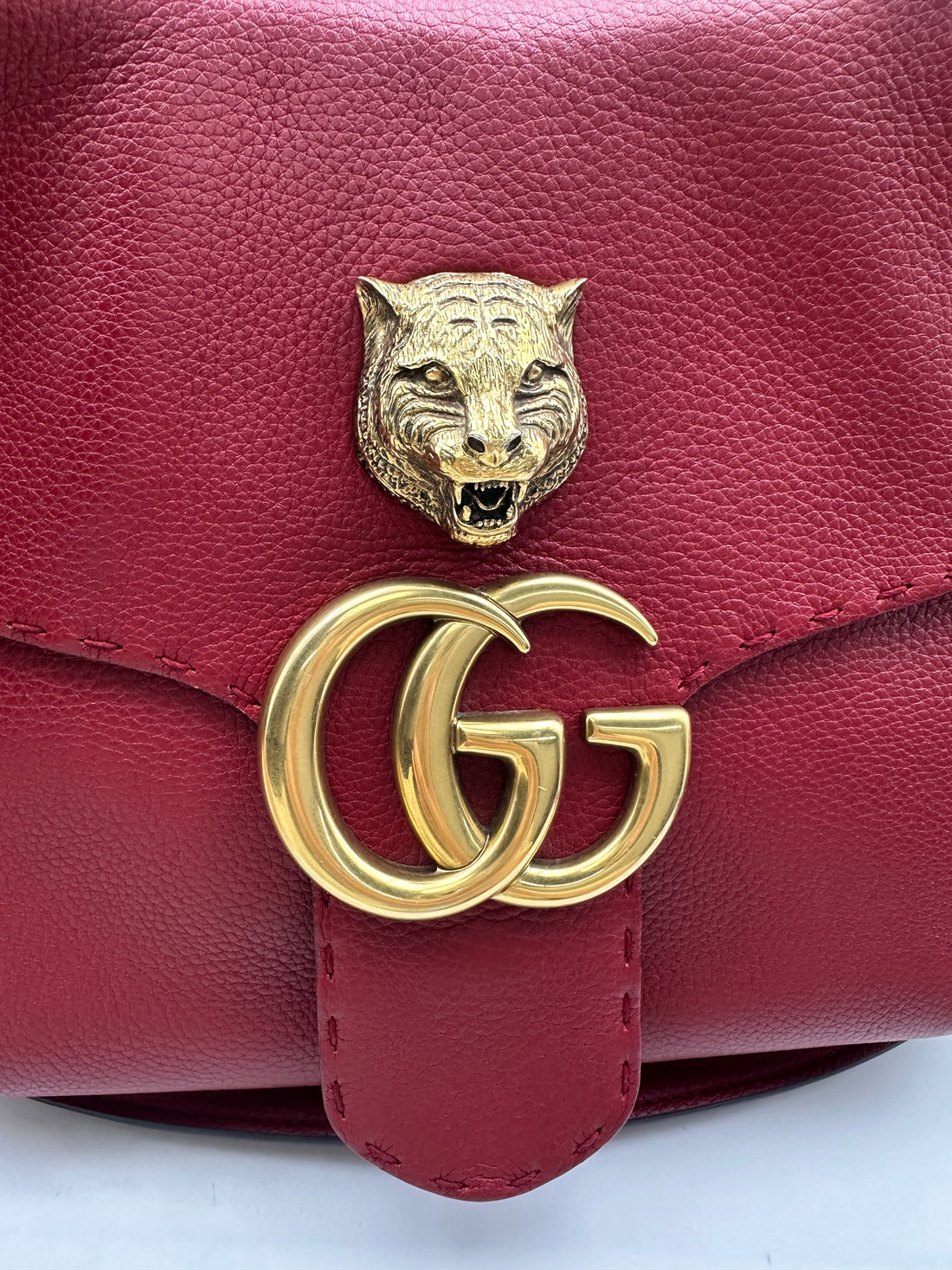 Gucci GG Marmont Animalier Tiger Handle Red Leather Shoulder Bag GG903