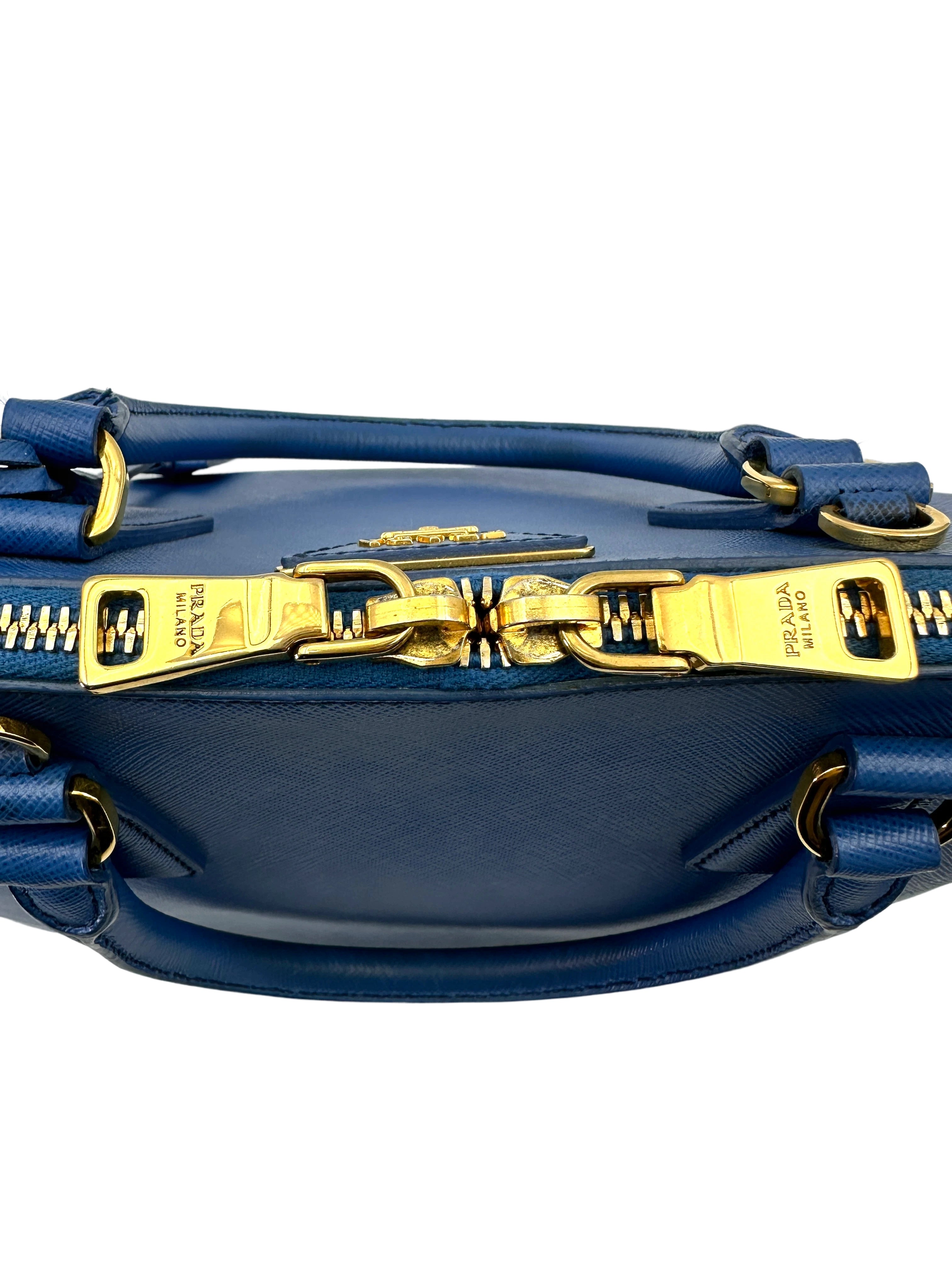 Prada Promenade Blue Saffiano Lux Small Size Handle Bag PR299
