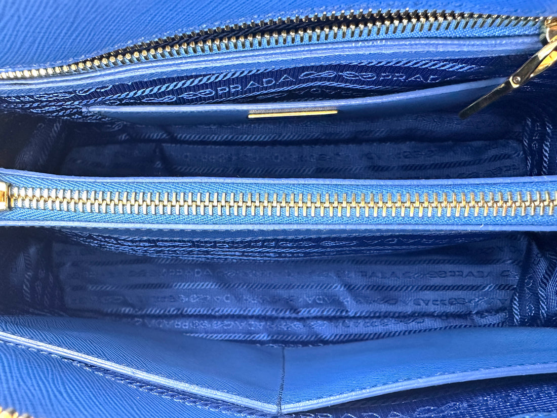 Prada Promenade Blue Saffiano Lux Small Size Handle Bag PR299