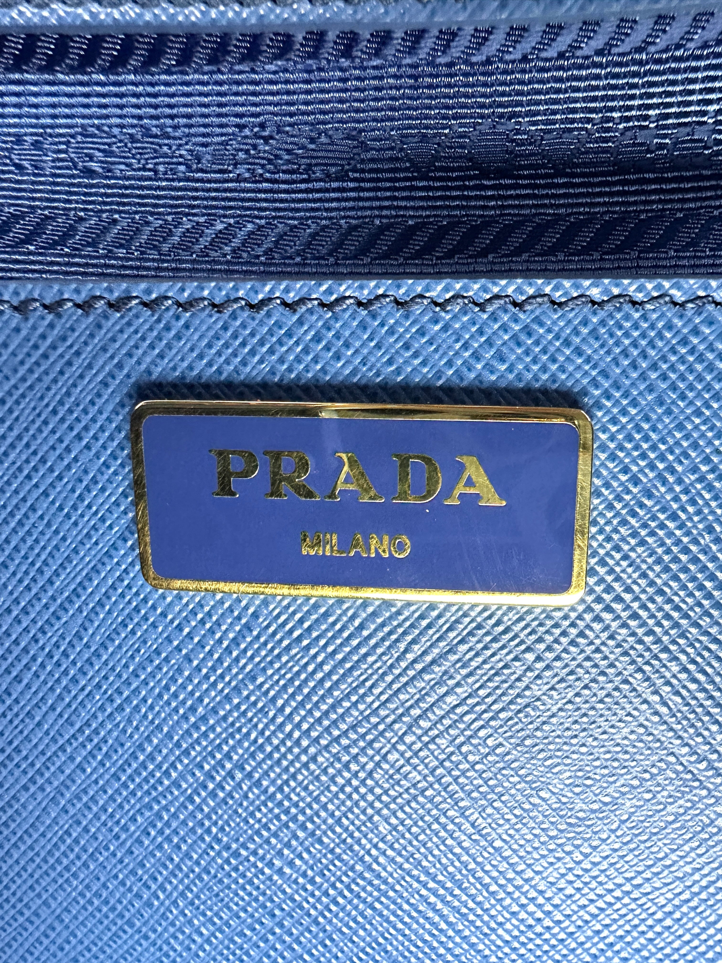 Prada Promenade Blue Saffiano Lux Small Size Handle Bag PR299
