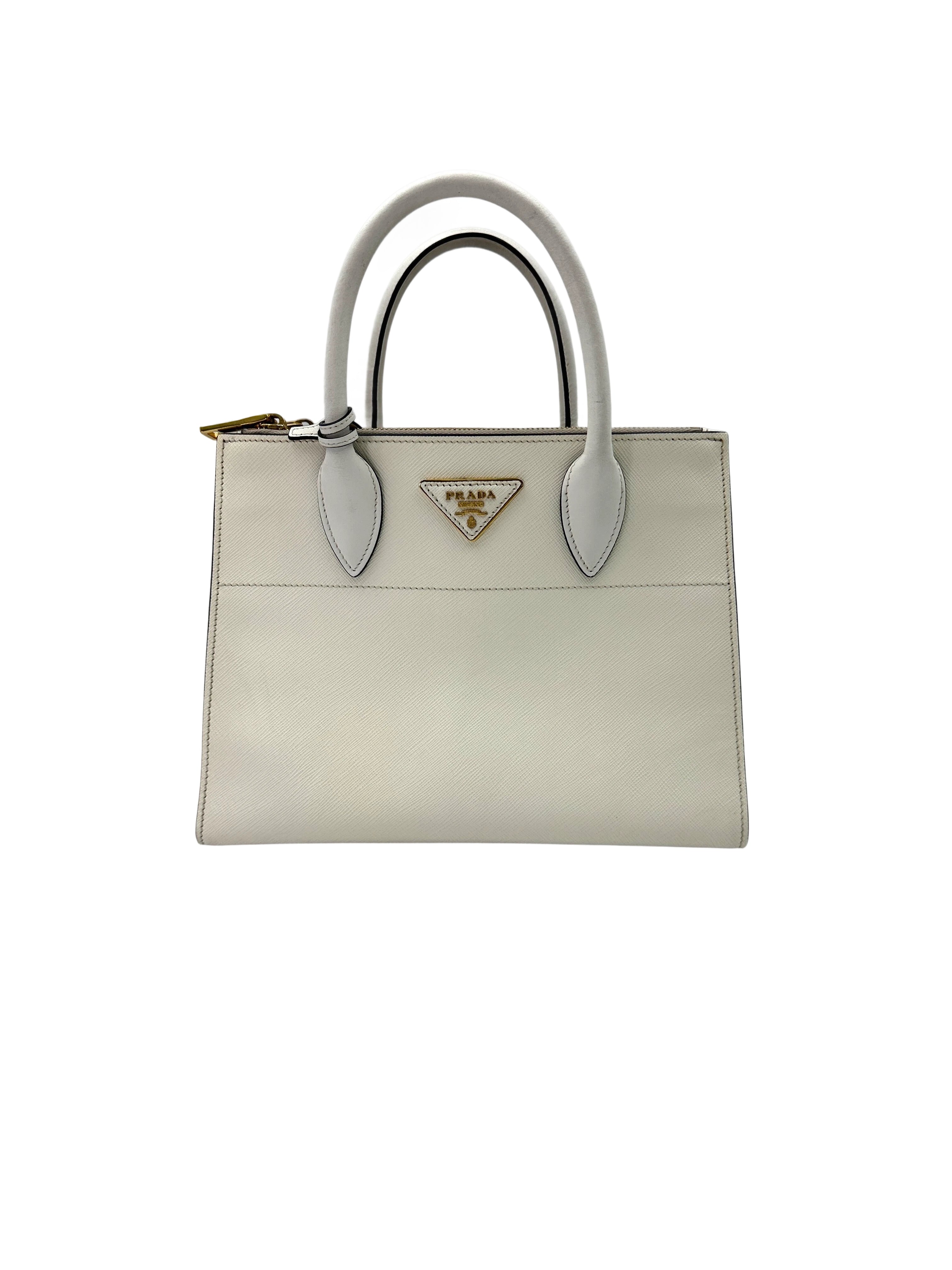 Prada Paradigme White Saffiano Leather Small Size Tote Handle Bag IRIS206
