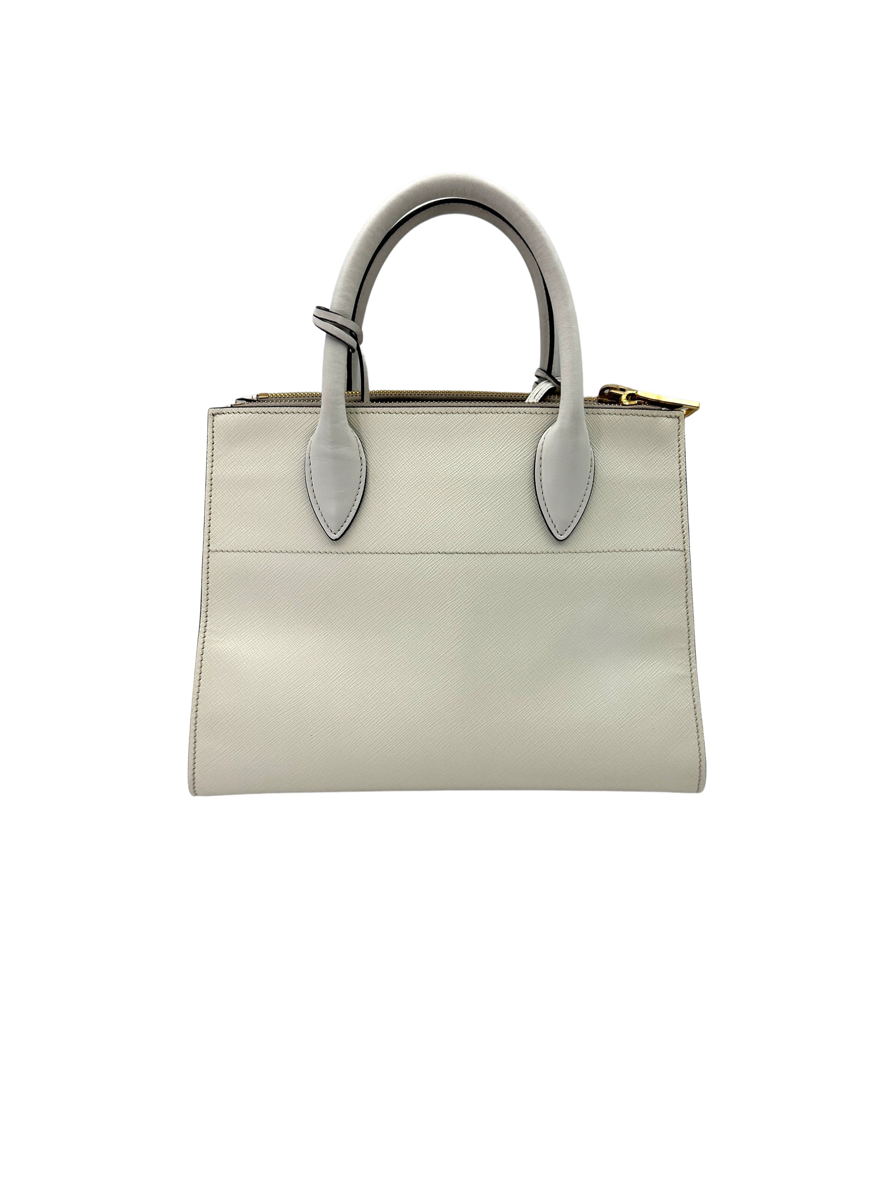 Prada Paradigme White Saffiano Leather Small Size Tote Handle Bag IRIS206
