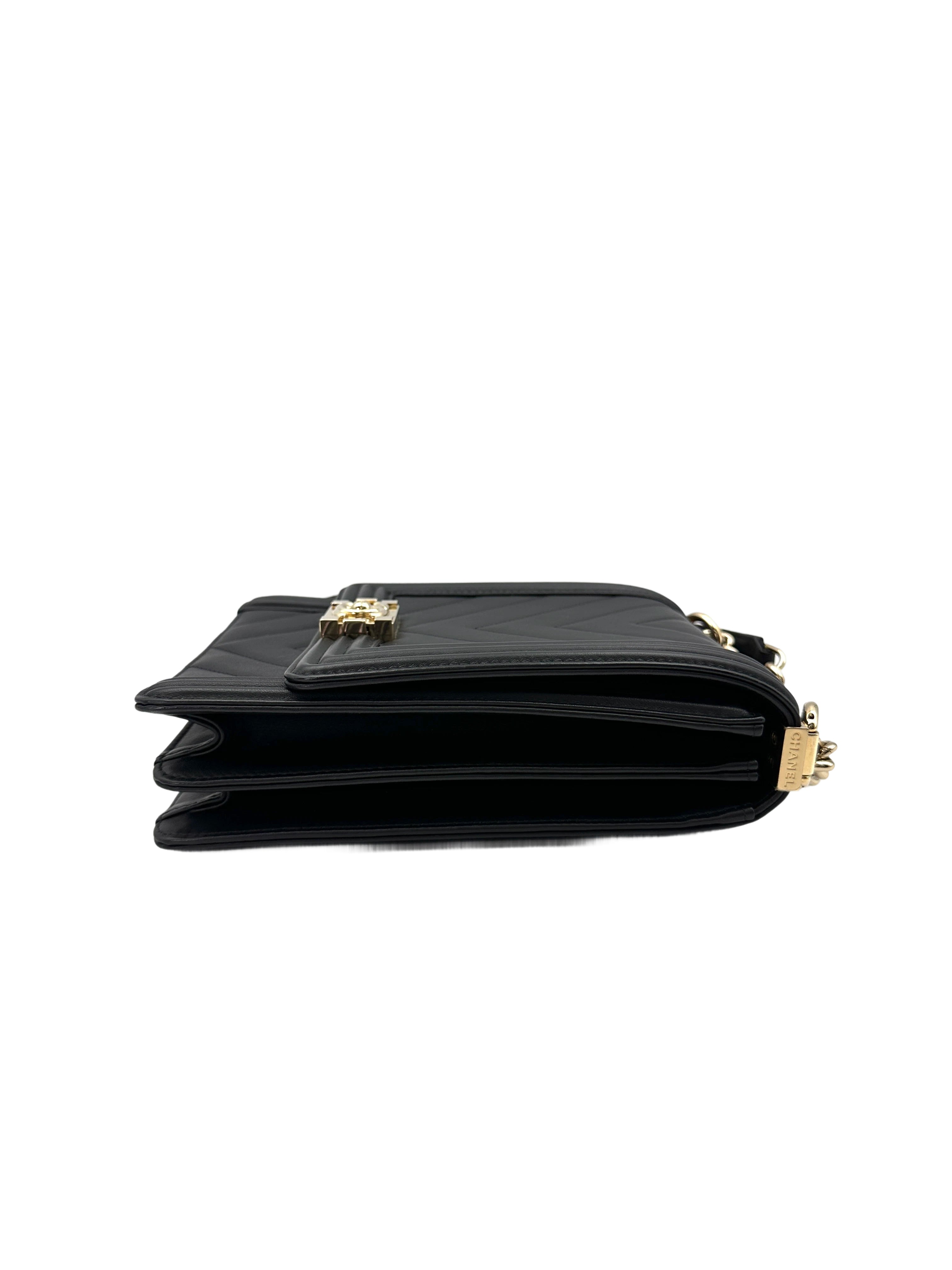 Chanel North South LeBoy Black Chevron Quilted Leather Shoulder Bag With Gold Buckle(29***98) CC1873