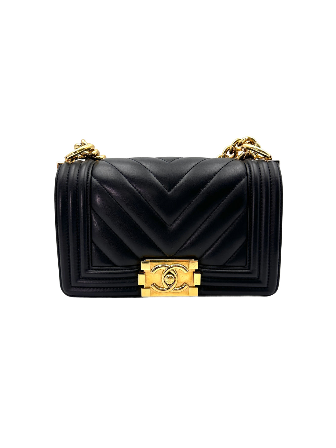 Chanel LeBoy Black Chevron Quilted Smooth Calfskin Small Size Flap Bag With Gold Buckle(26***67) CC1874