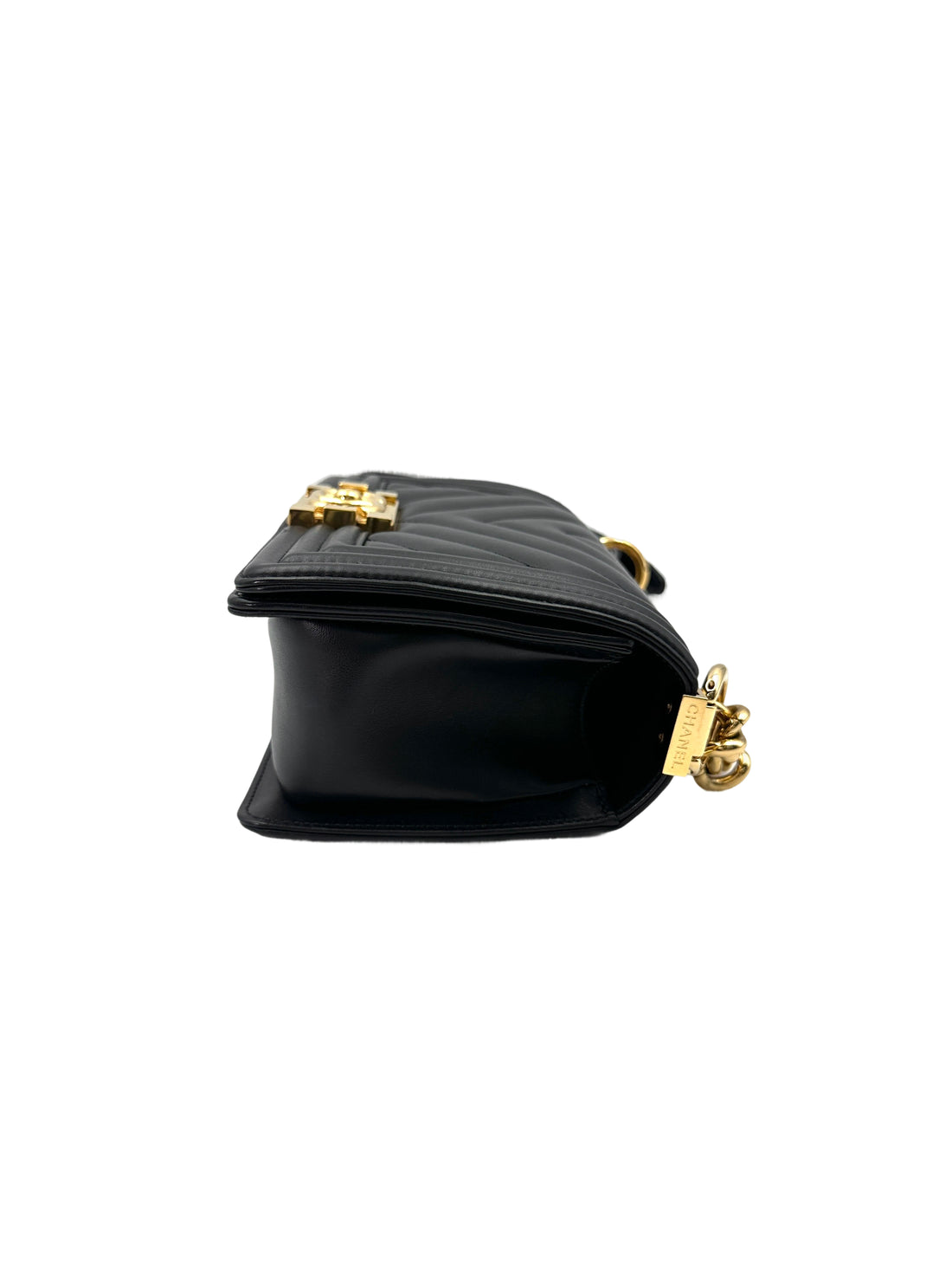 Chanel LeBoy Black Chevron Quilted Smooth Calfskin Small Size Flap Bag With Gold Buckle(26***67) CC1874