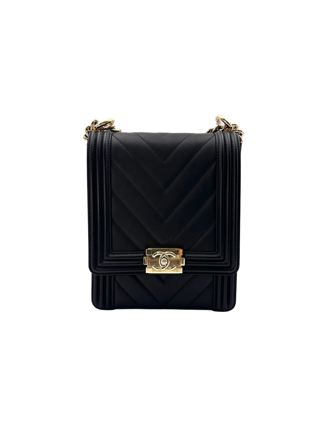 Chanel North South LeBoy Black Chevron Quilted Leather Shoulder Bag With Gold Buckle(29***98) CC1873