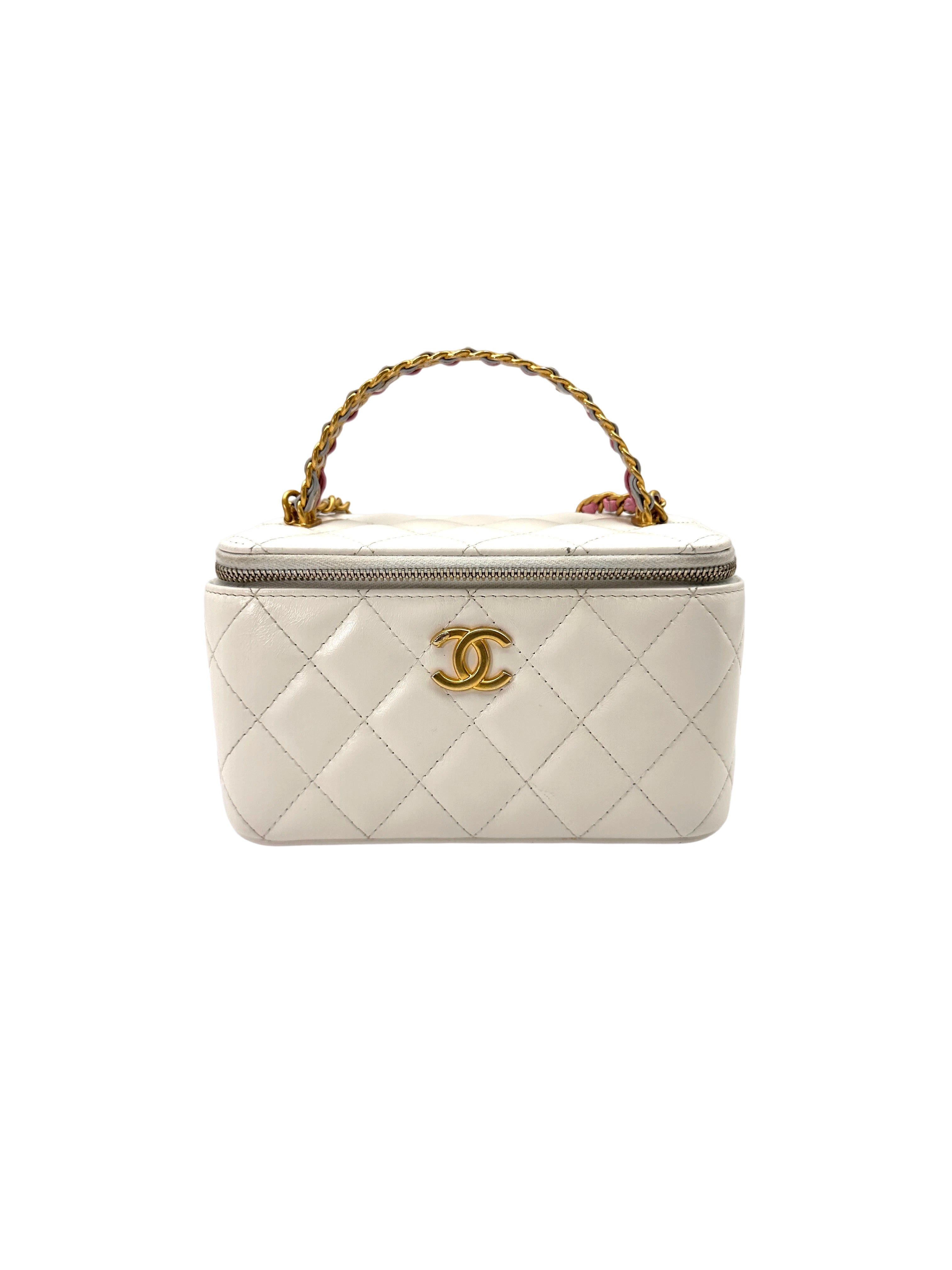 Chanel White Quilted Leather Top Handle Vanity Case With Gold Hardware(J8***61) CC1875