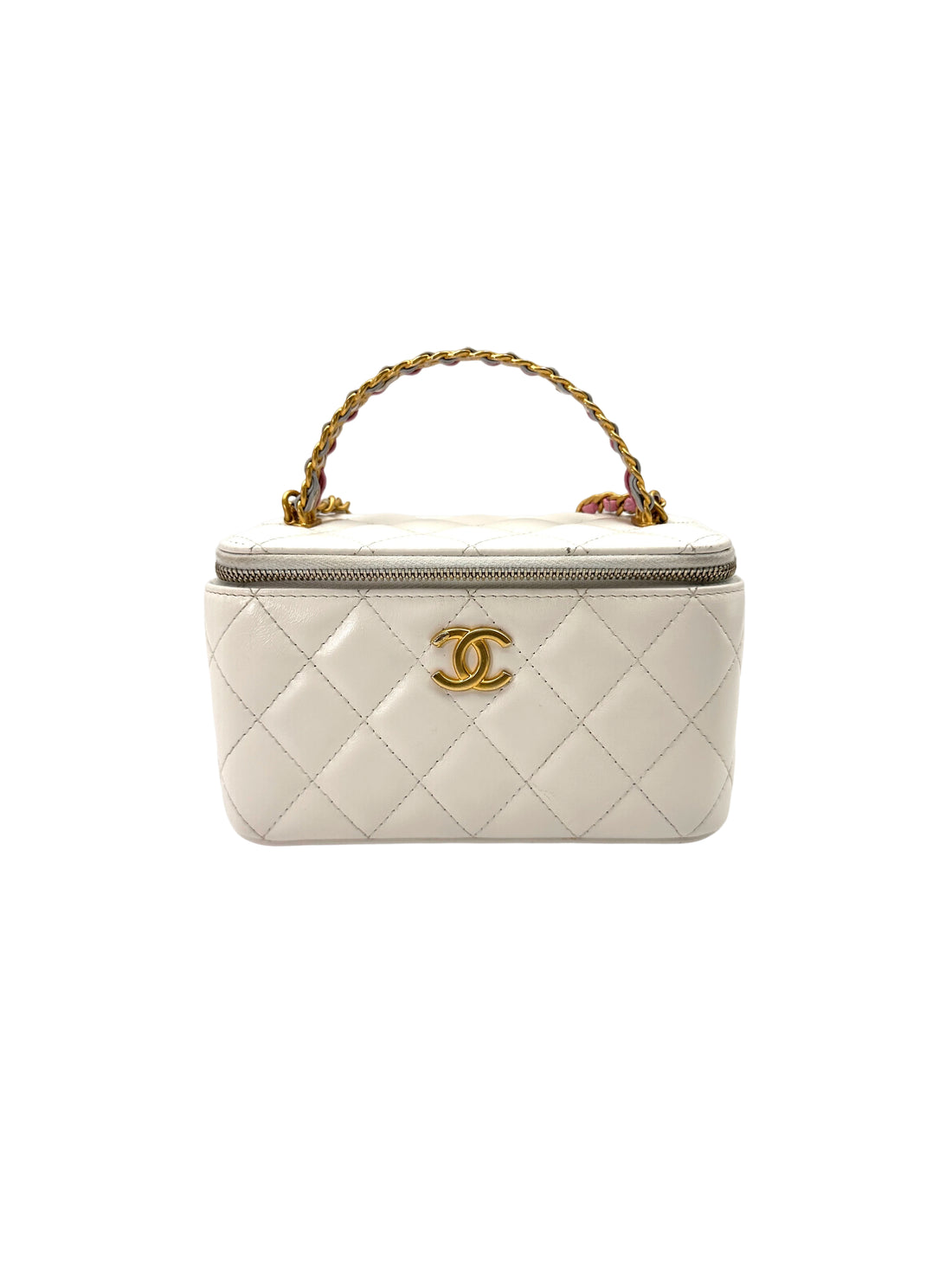 Chanel White Quilted Leather Top Handle Vanity Case With Gold Hardware(J8***61) CC1875