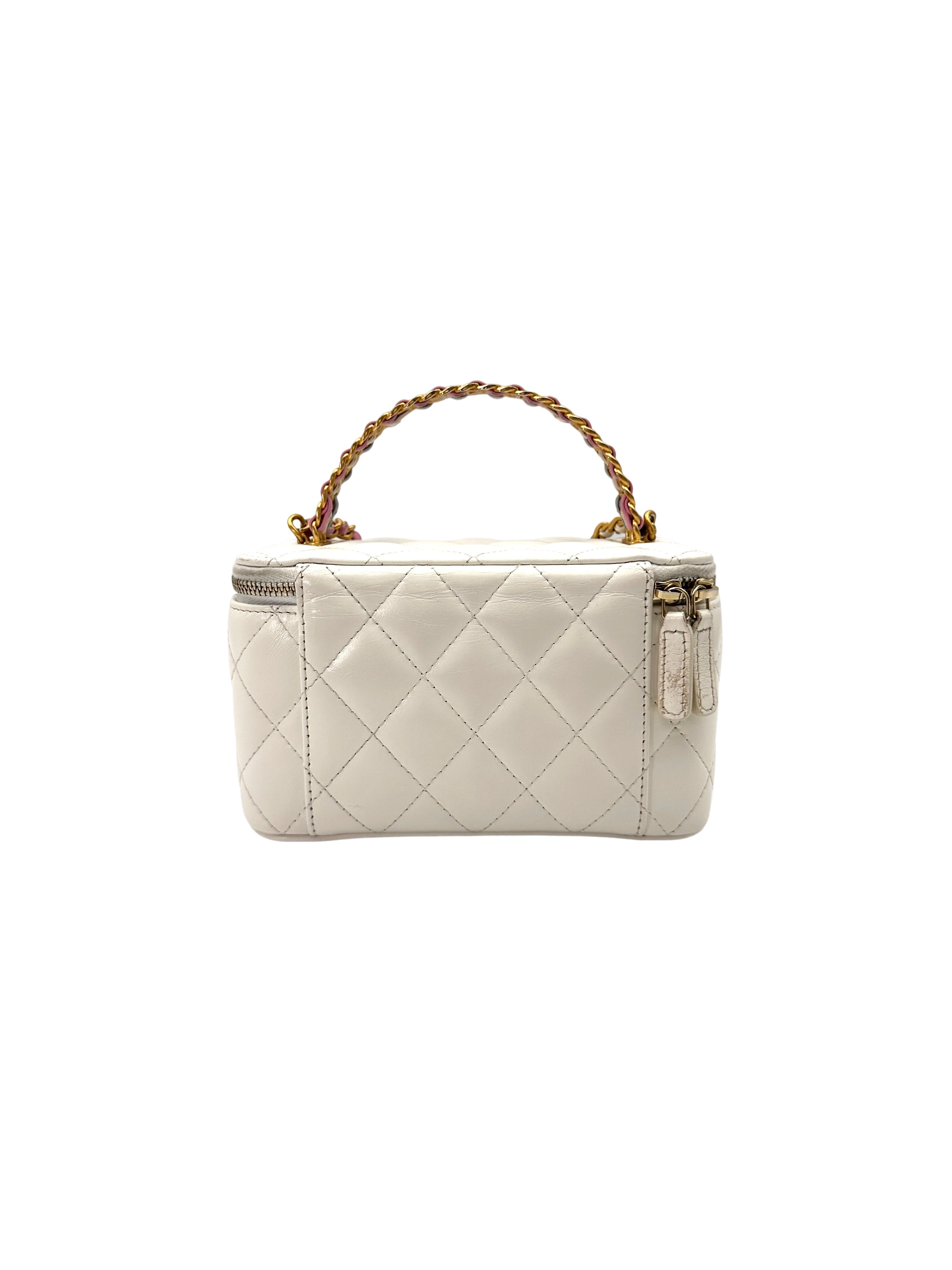 Chanel White Quilted Leather Top Handle Vanity Case With Gold Hardware(J8***61) CC1875