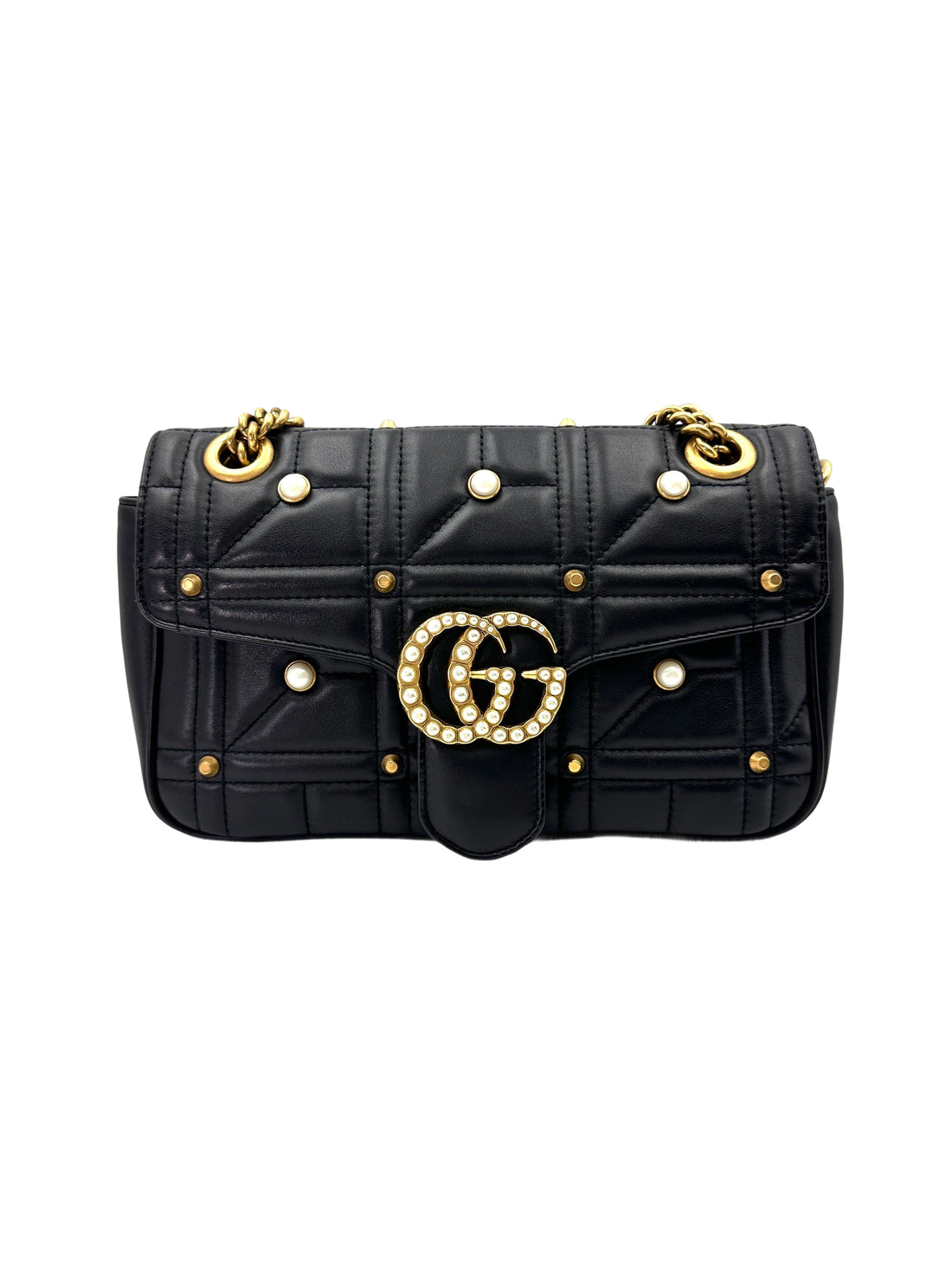 Gucci GG Marmont Pearl And Studded Embellished Black Quilted Leather Medium Size Shoulder Bag GG908