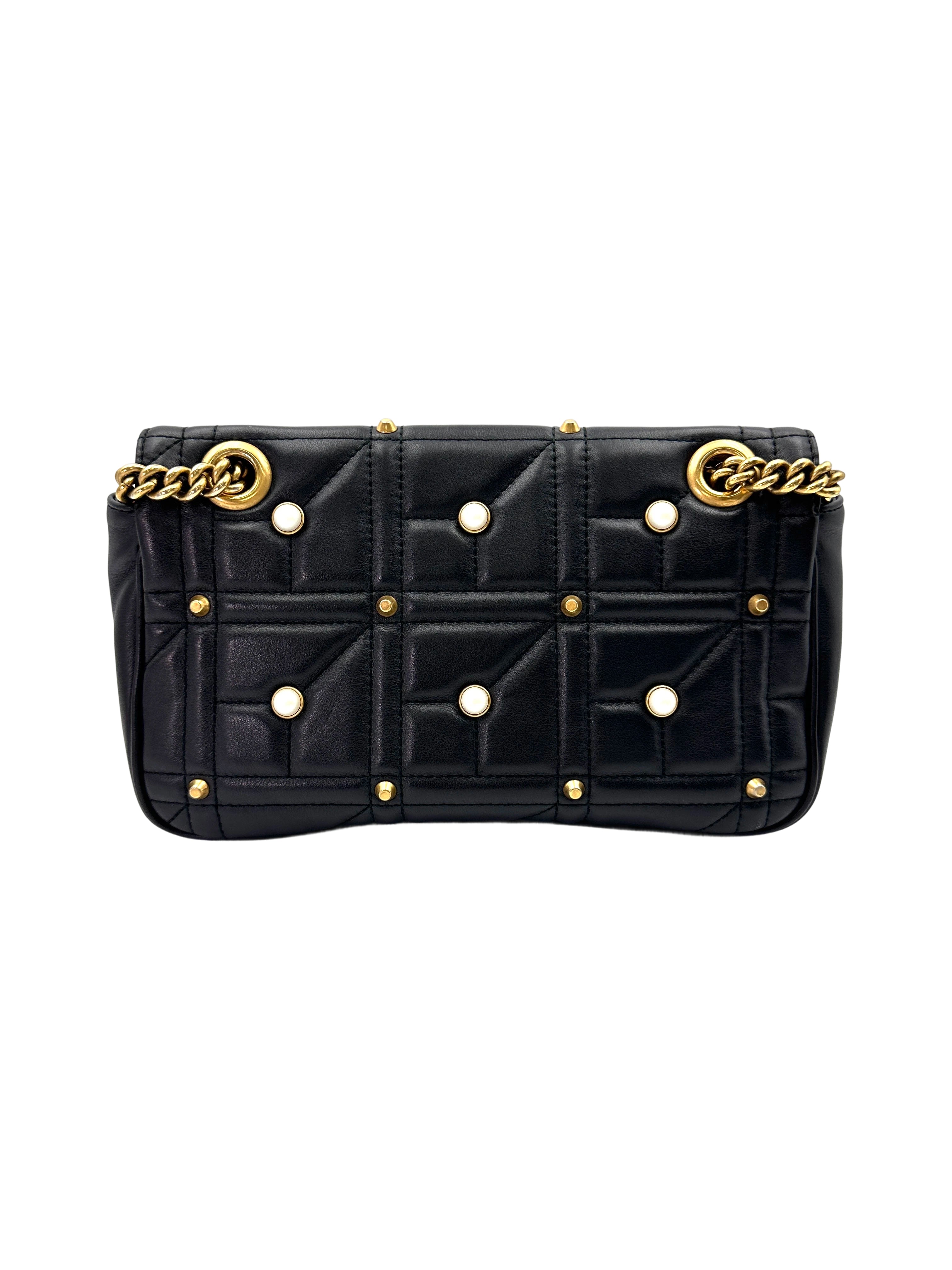 Gucci GG Marmont Pearl And Studded Embellished Black Quilted Leather Medium Size Shoulder Bag GG908