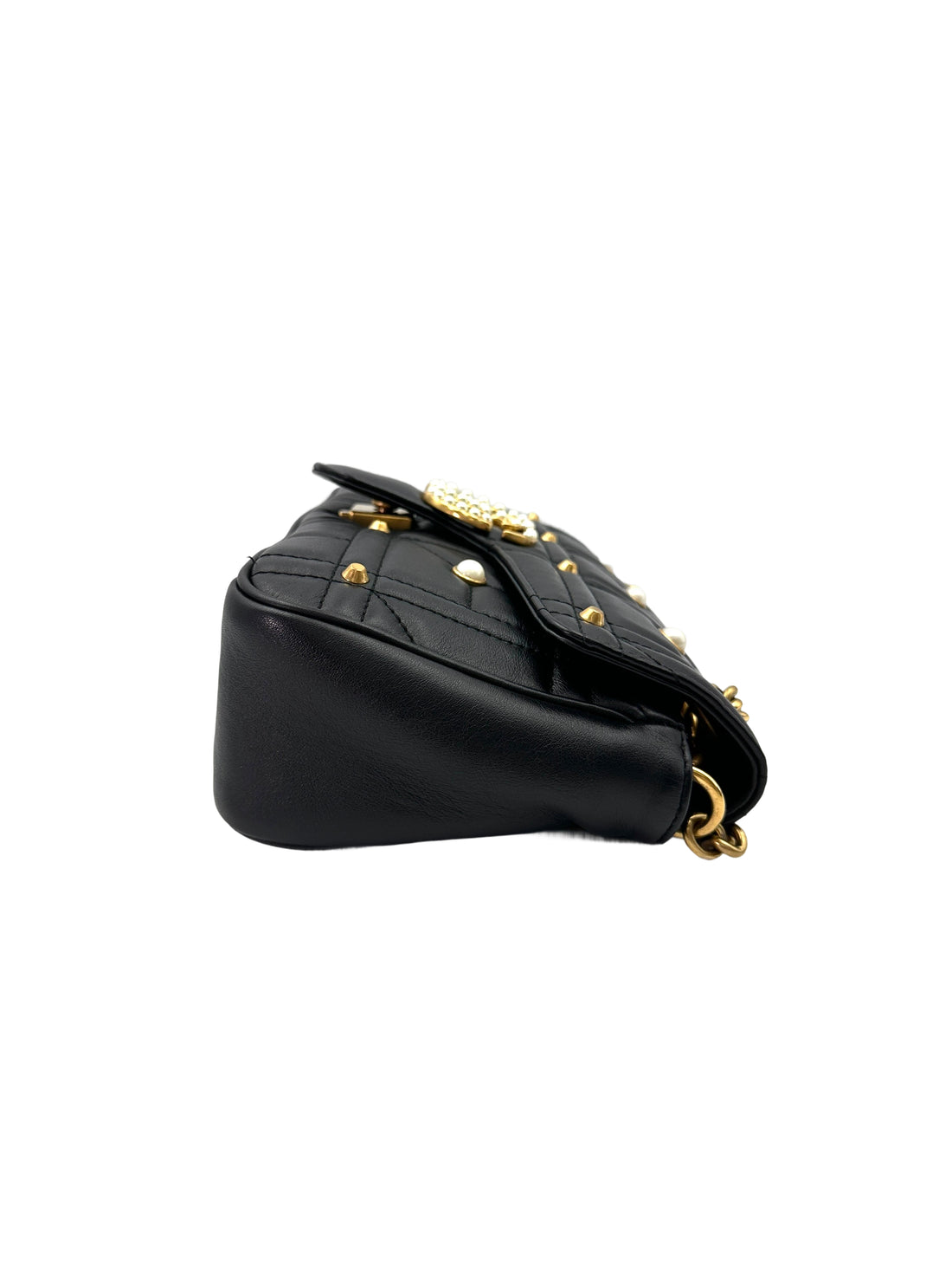 Gucci GG Marmont Pearl And Studded Embellished Black Quilted Leather Medium Size Shoulder Bag GG908
