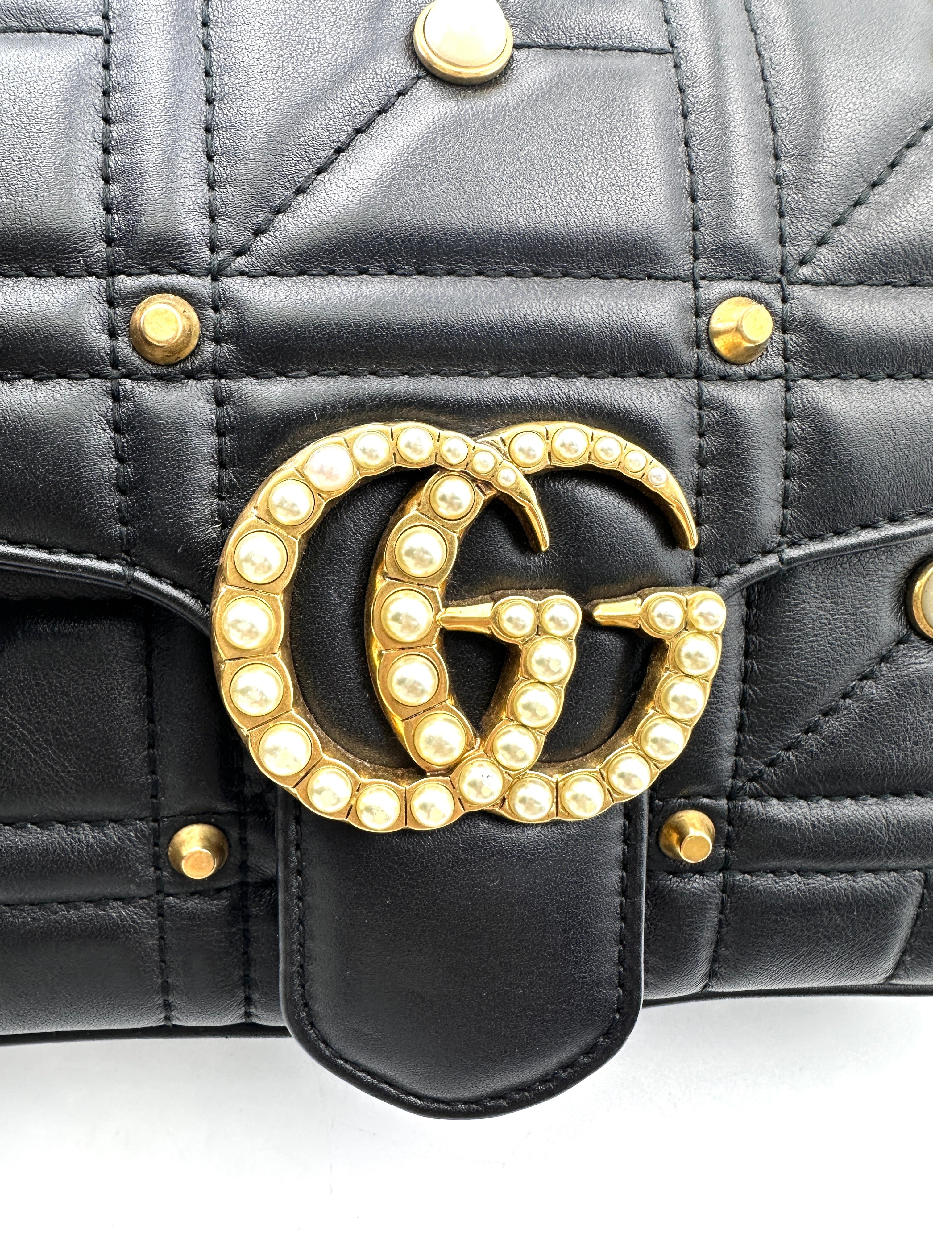 Gucci GG Marmont Pearl And Studded Embellished Black Quilted Leather Medium Size Shoulder Bag GG908