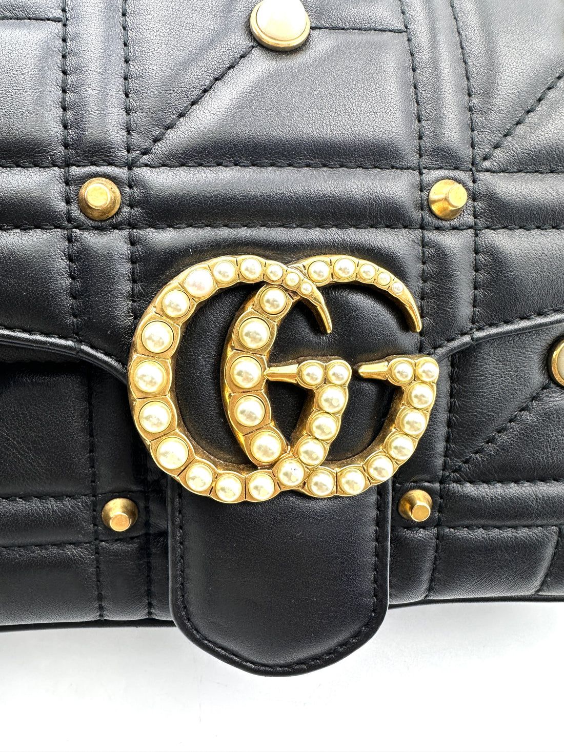 Gucci GG Marmont Pearl And Studded Embellished Black Quilted Leather Medium Size Shoulder Bag GG908