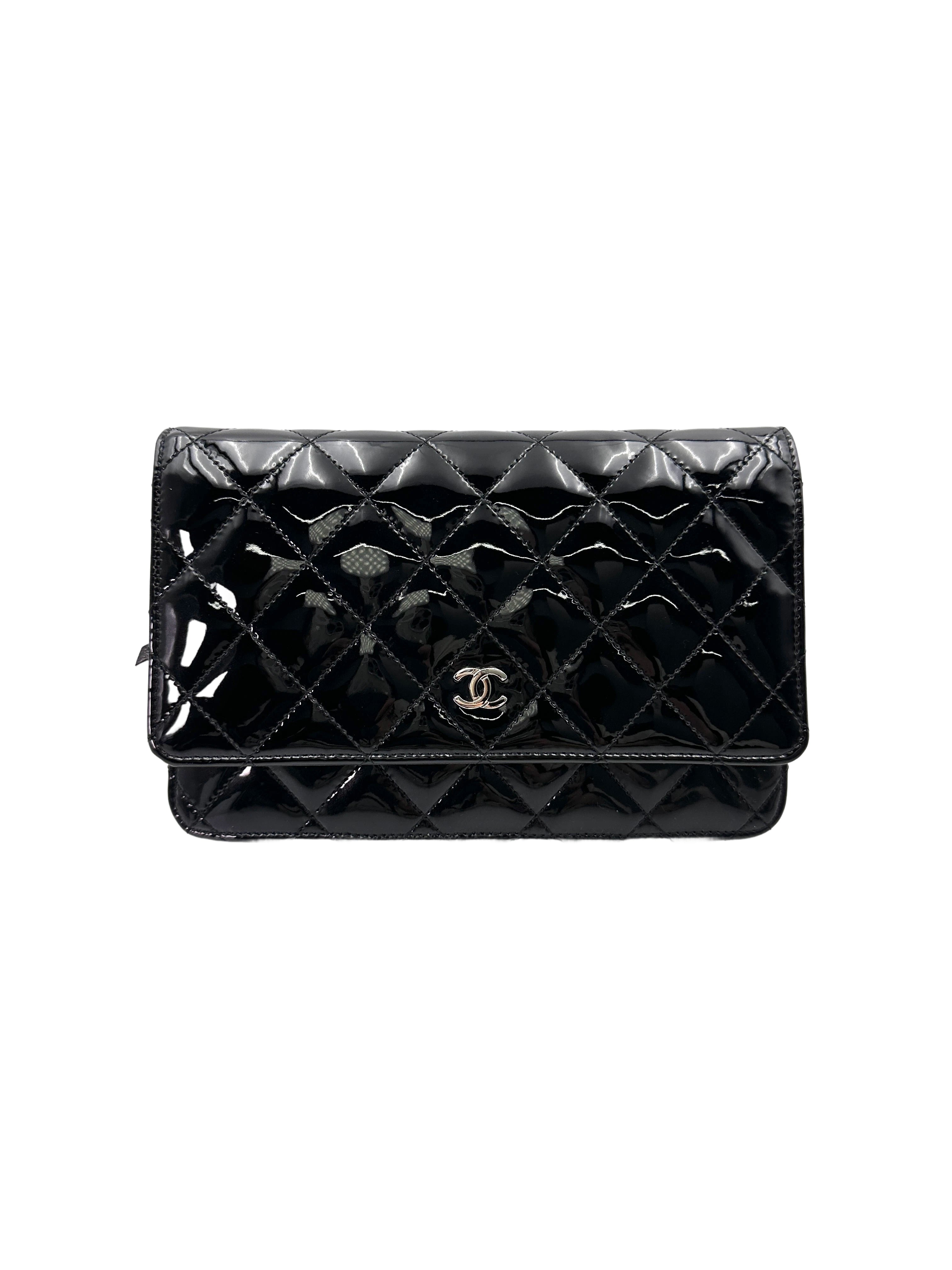 Chanel Black Quilted Patent Leather Wallet On Chain With Silver Buckle(22***10) IRIS208