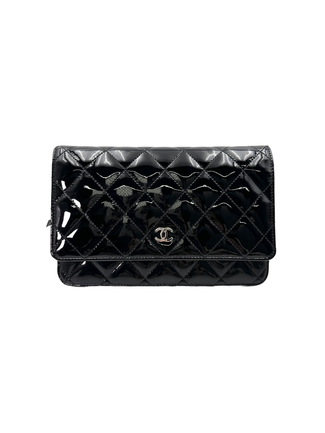 Chanel Black Quilted Patent Leather Wallet On Chain With Silver Buckle(22***10) IRIS208