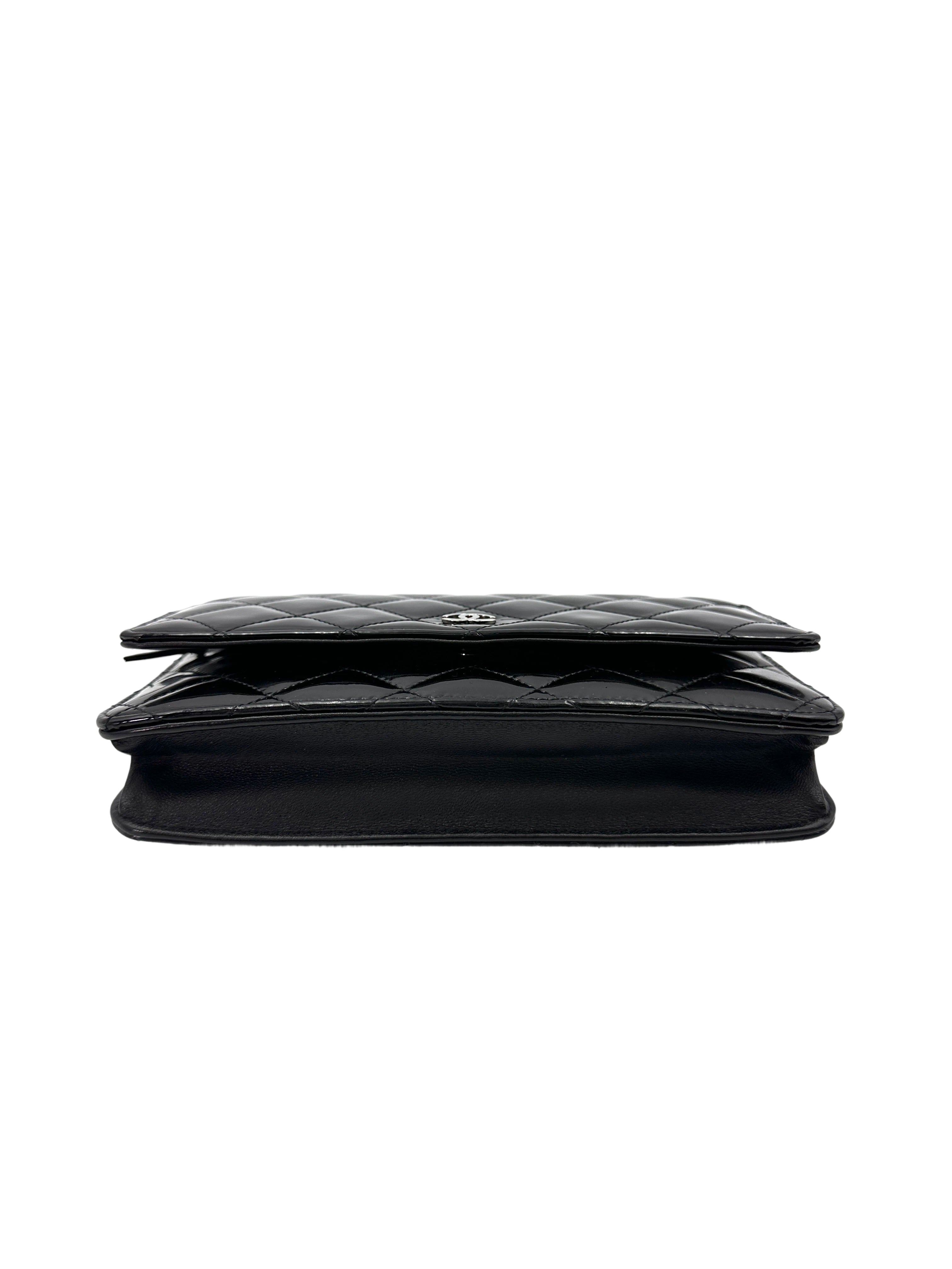 Chanel Black Quilted Patent Leather Wallet On Chain With Silver Buckle(22***10) IRIS208