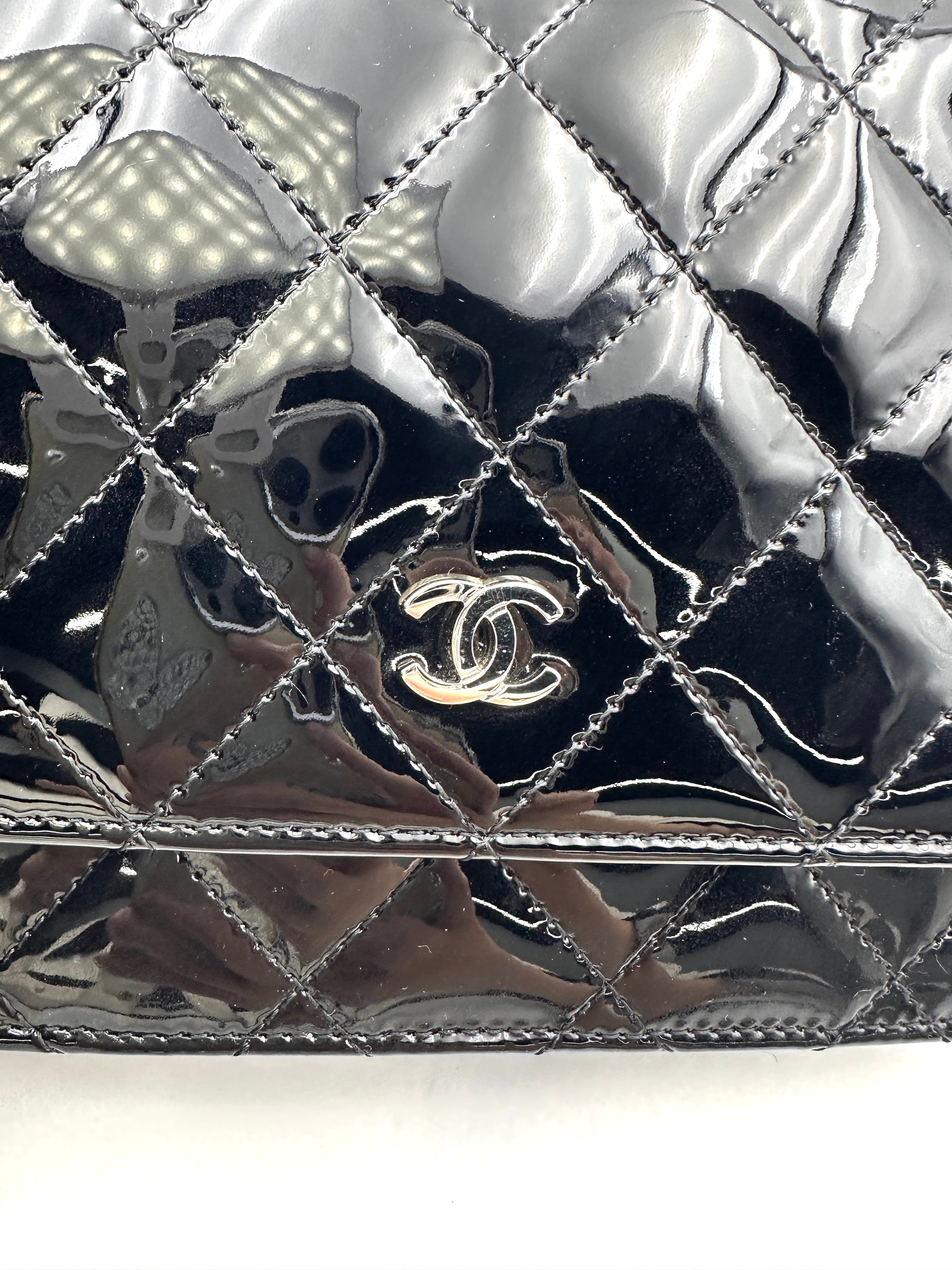 Chanel Black Quilted Patent Leather Wallet On Chain With Silver Buckle(22***10) IRIS208