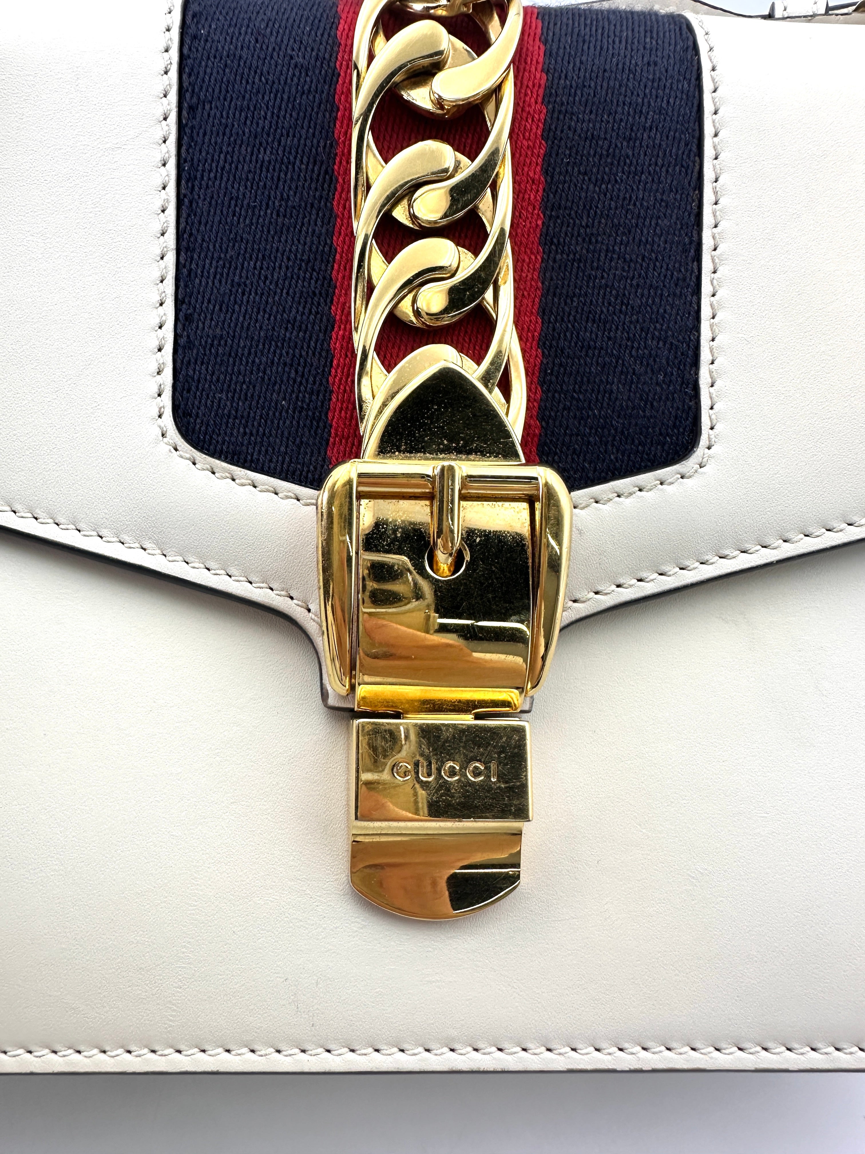 Gucci Sylvie White Leather Medium Size Shoulder Bag GG910
