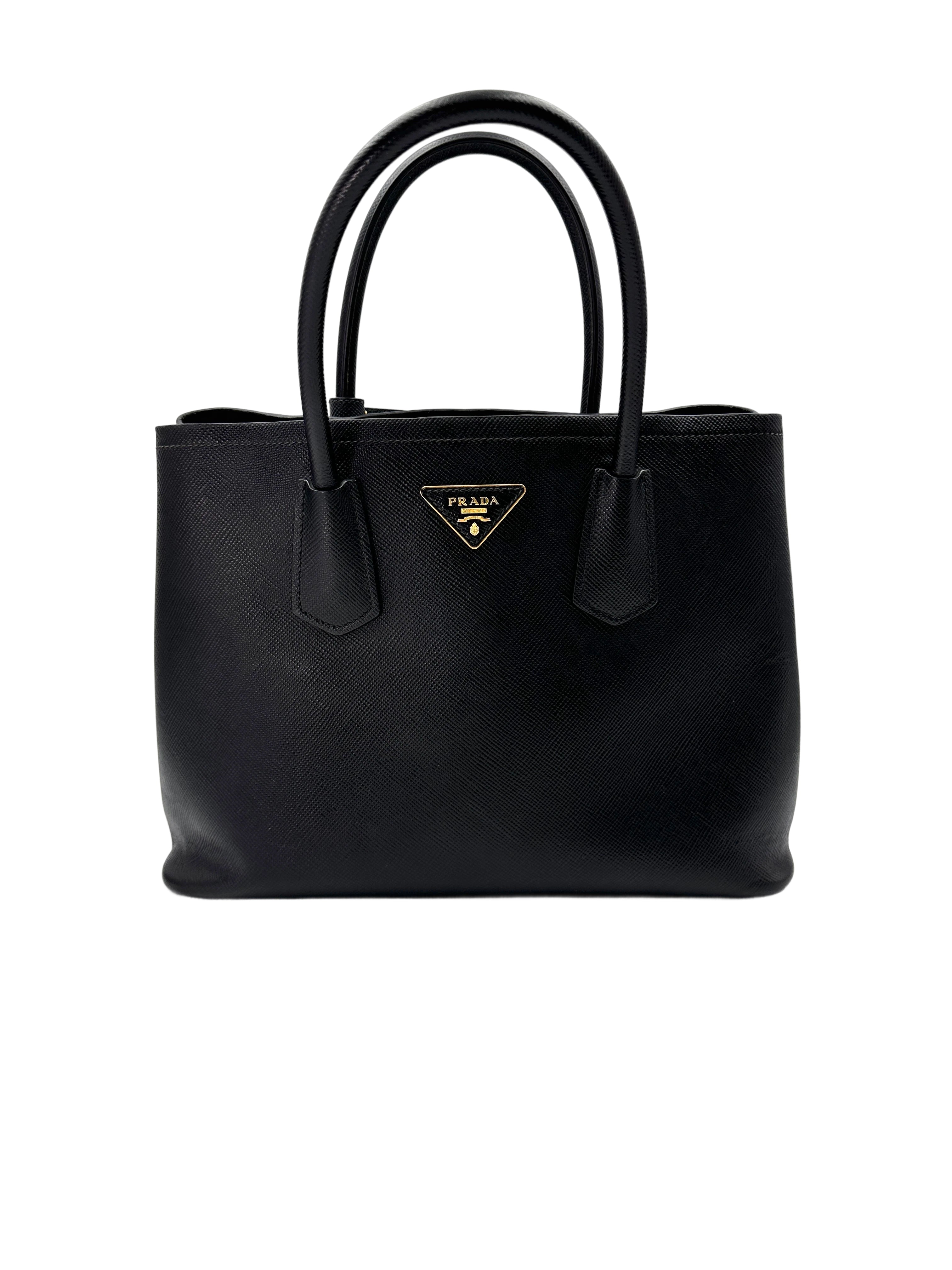 Prada Double Black Saffiano Cuir Leather Handle Bag PR309