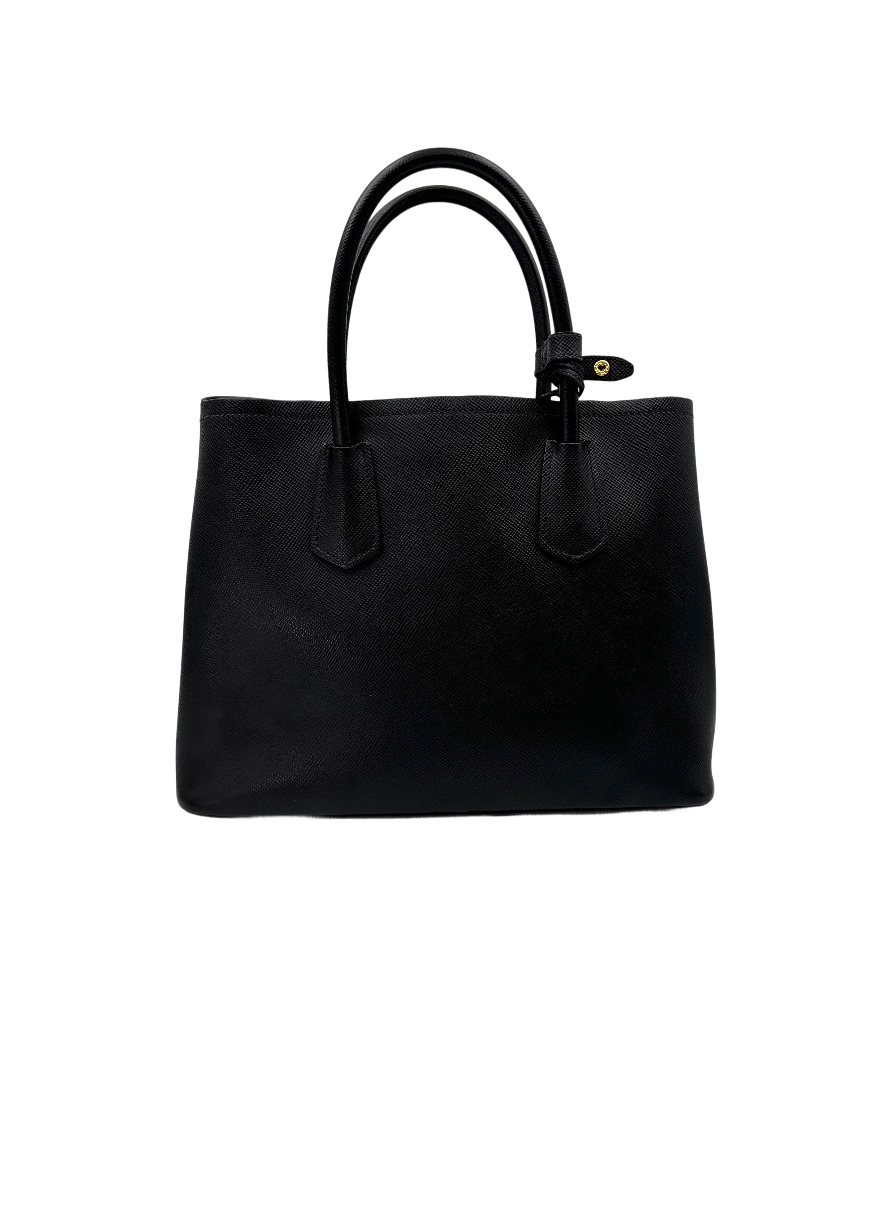 Prada Double Black Saffiano Cuir Leather Handle Bag PR309