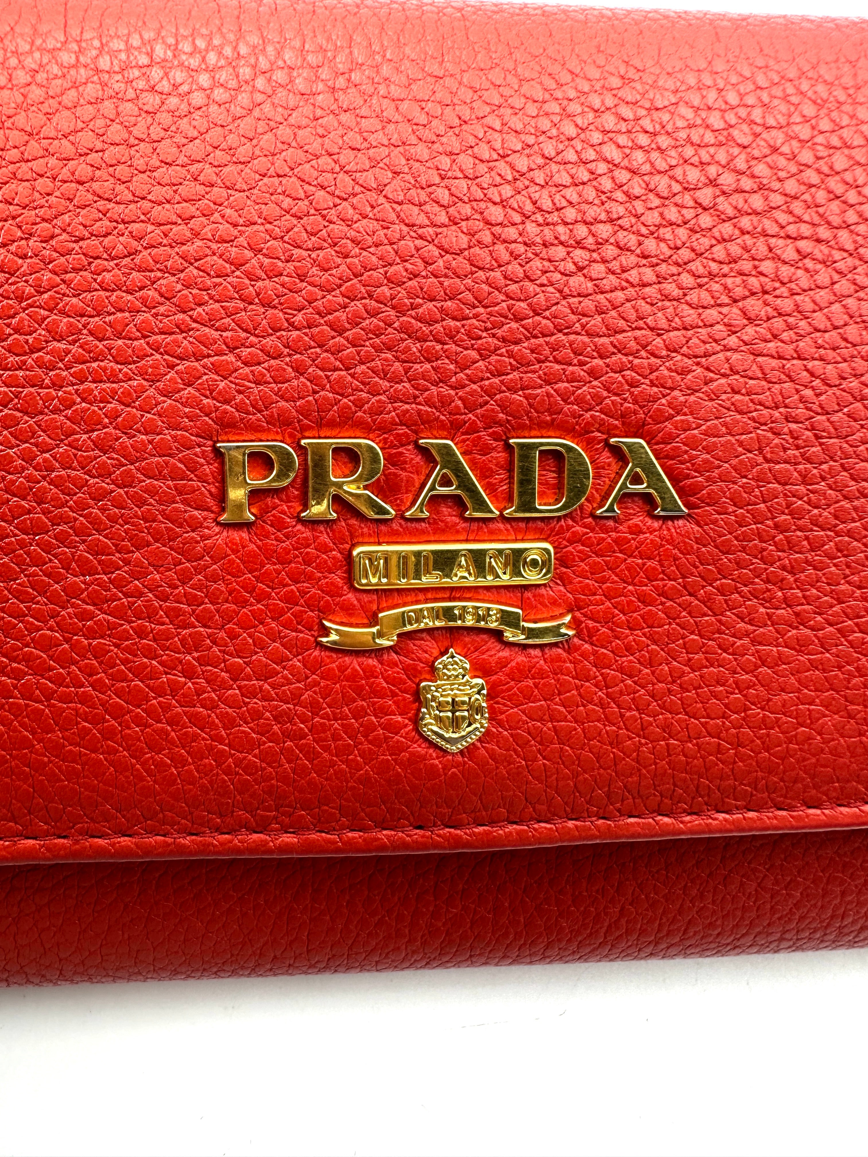 Prada Red Leather Wallet On Chain With Gold Hardware PR307