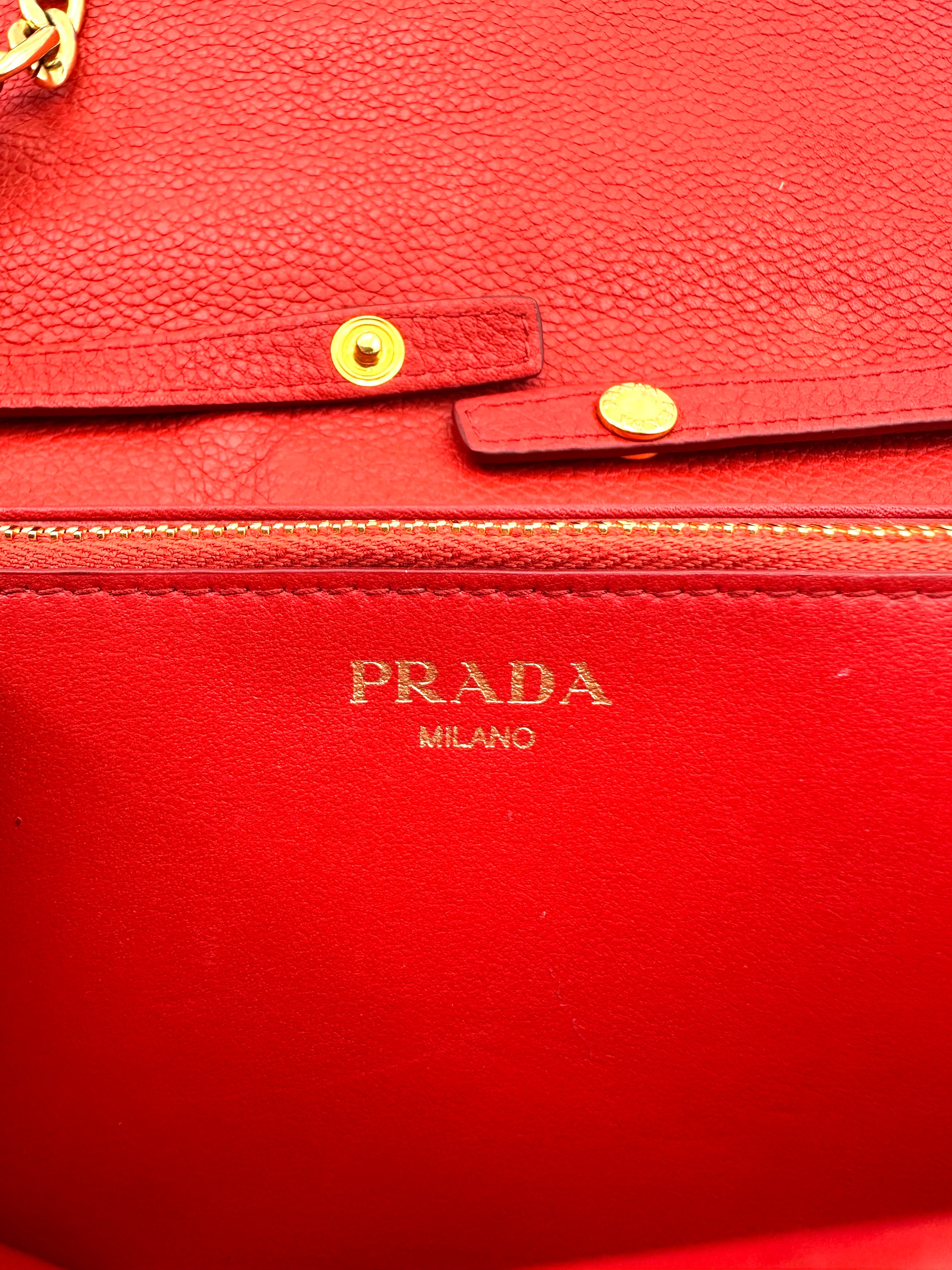 Prada Red Leather Wallet On Chain With Gold Hardware PR307