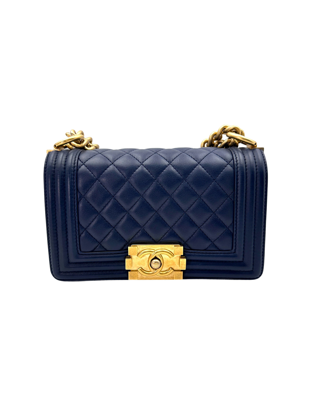 Chanel LeBoy Navy Quilted Lambskin Small Size Flap Bag With Gold Buckle(24***60) CC1884