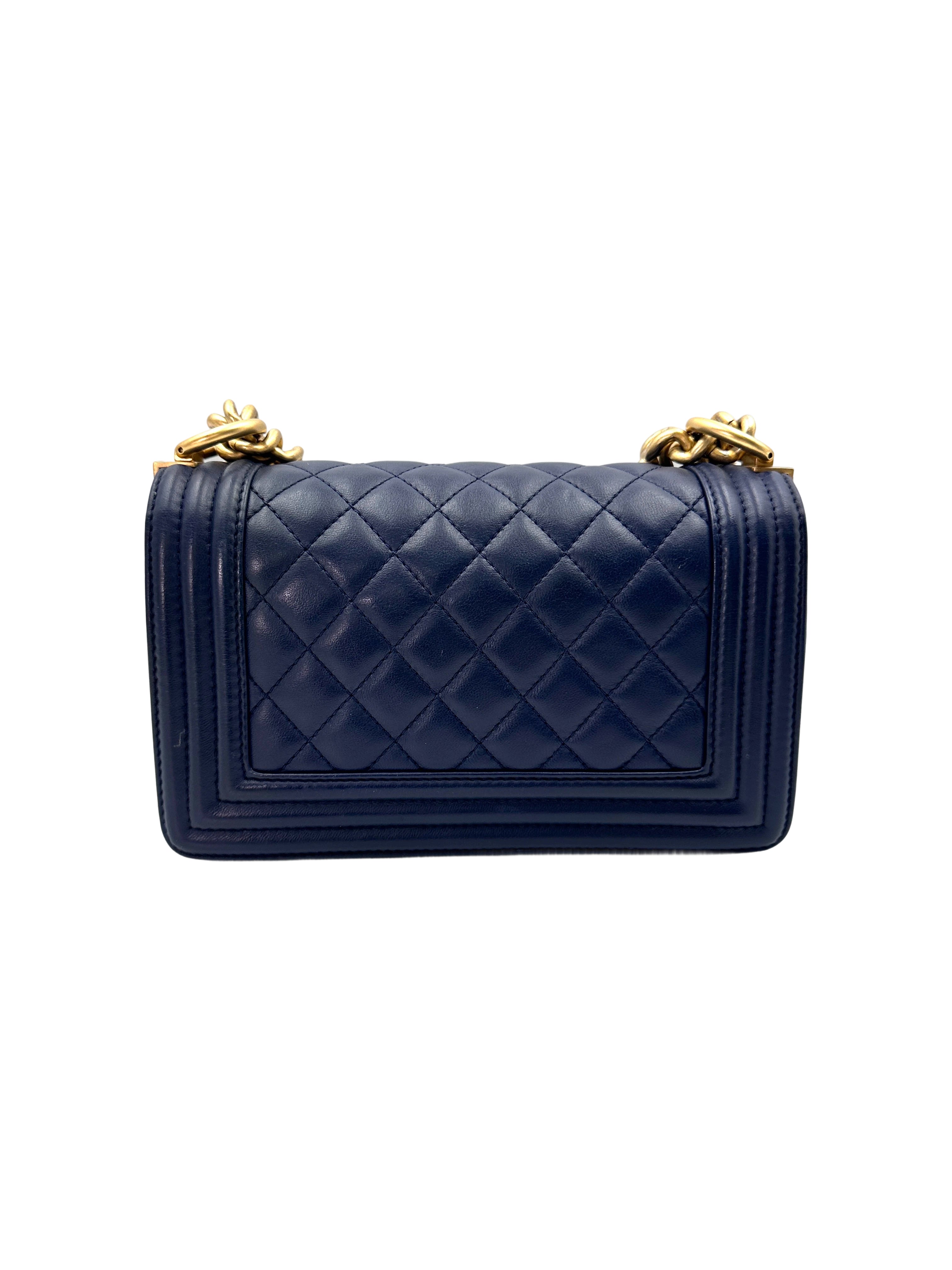 Chanel LeBoy Navy Quilted Lambskin Small Size Flap Bag With Gold Buckle(24***60) CC1884